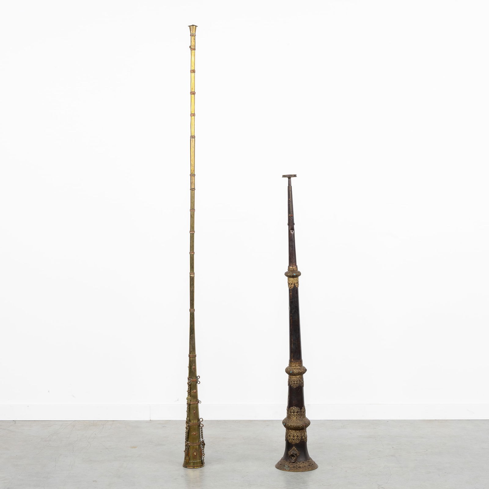 Two Tibetan Trumpets or Dungchen, Brass and Copper. (1 of 6)
