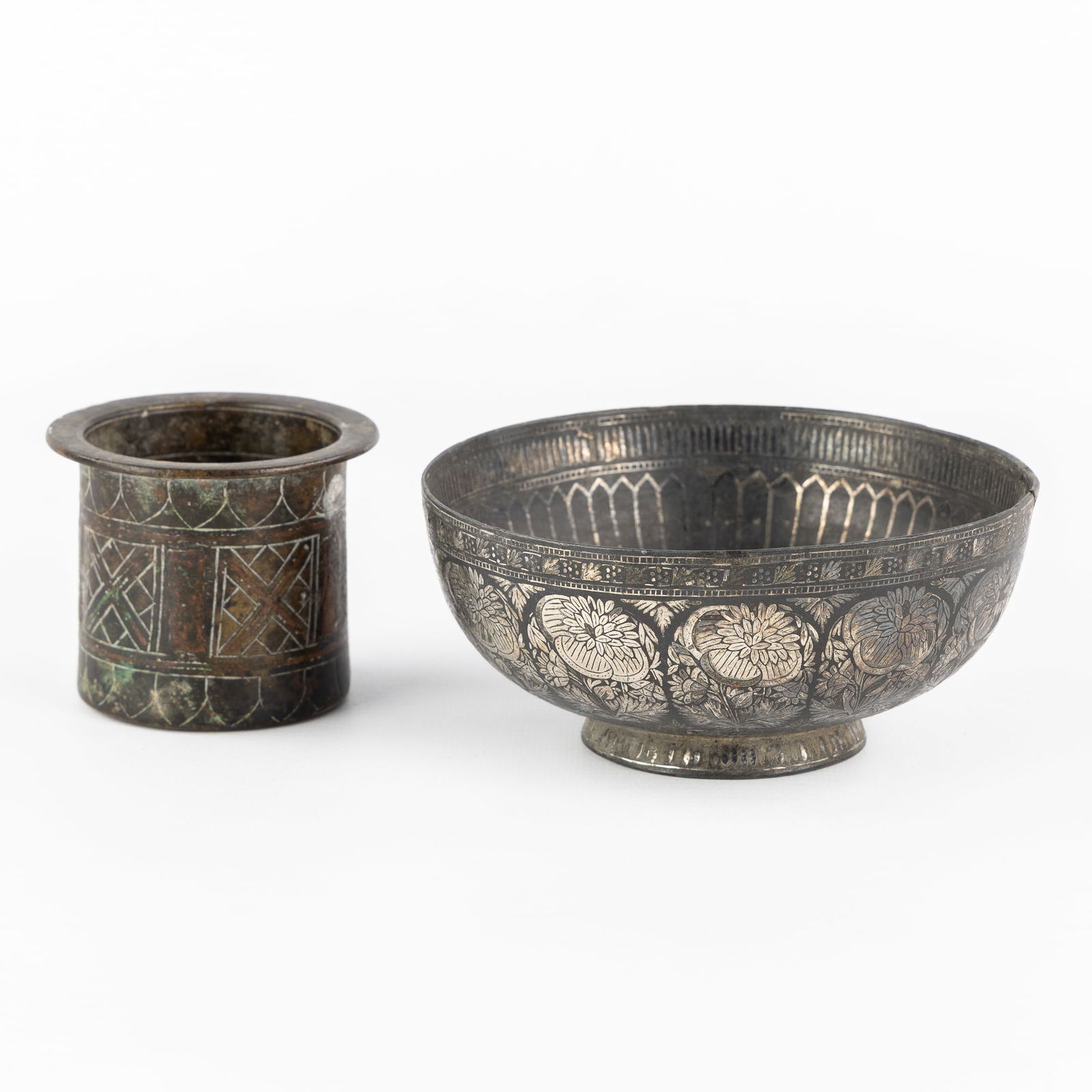An Antique Indian Bidri Bowl, Bronze inlaid with Silver, and a Bronze Pancha Patra Holy Water Cup. (1 of 7)