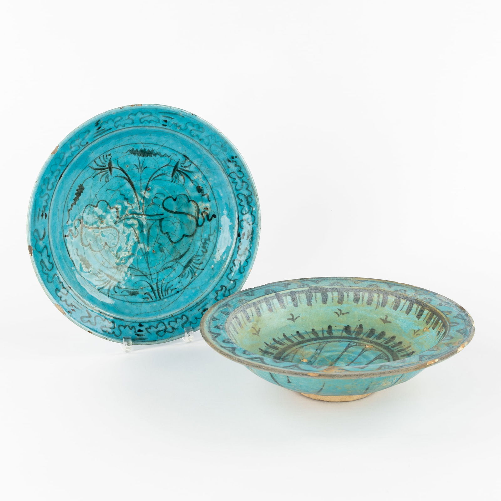 Two Persian Pottery Bowls, Kashan and Kubachi, Black and Cobalt Blue under a Turquoise Glaze, 12th (1 of 6)