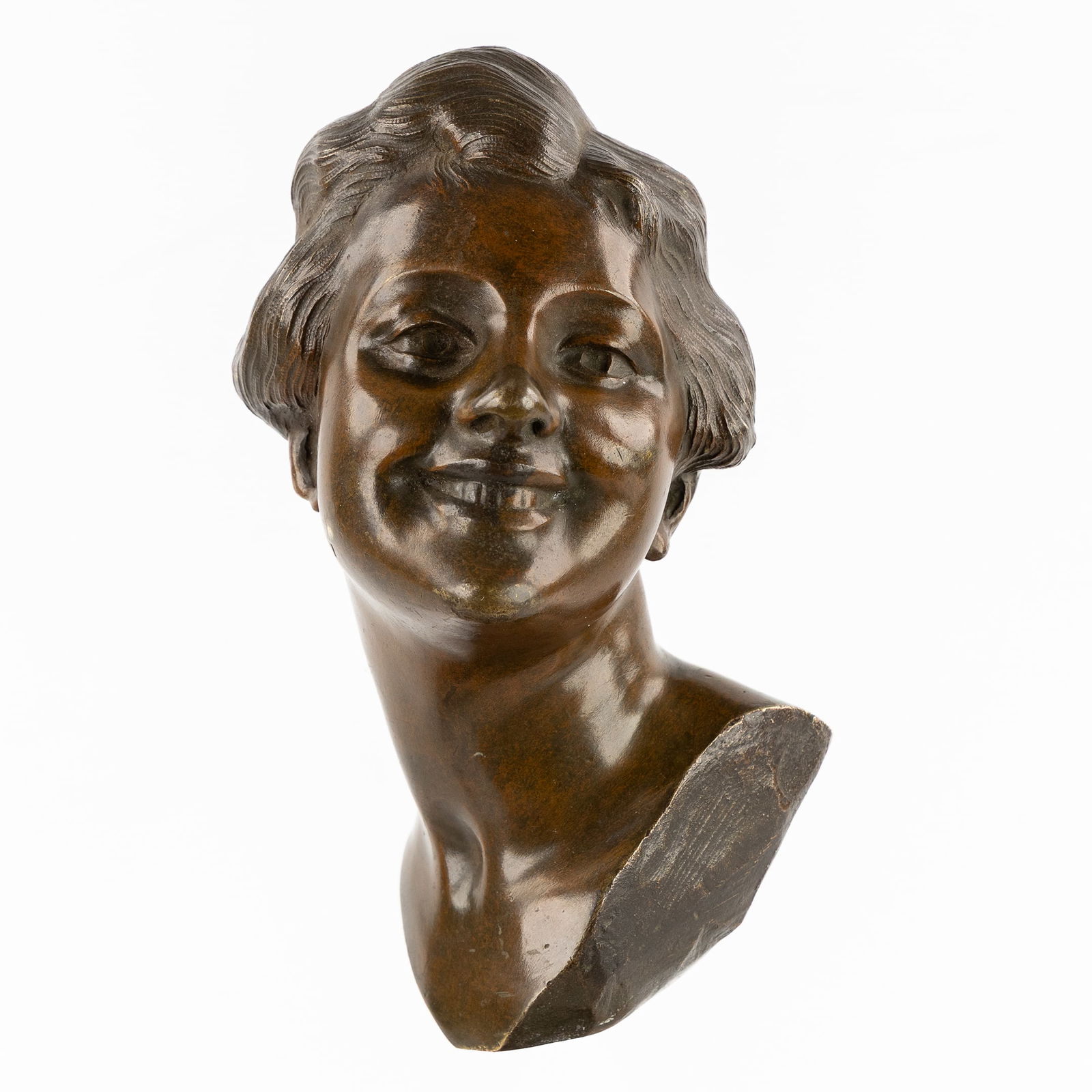 A Bust of a Smiling Lady, Patinated Bronze, Signed Hardy, Art Deco. (1 of 8)