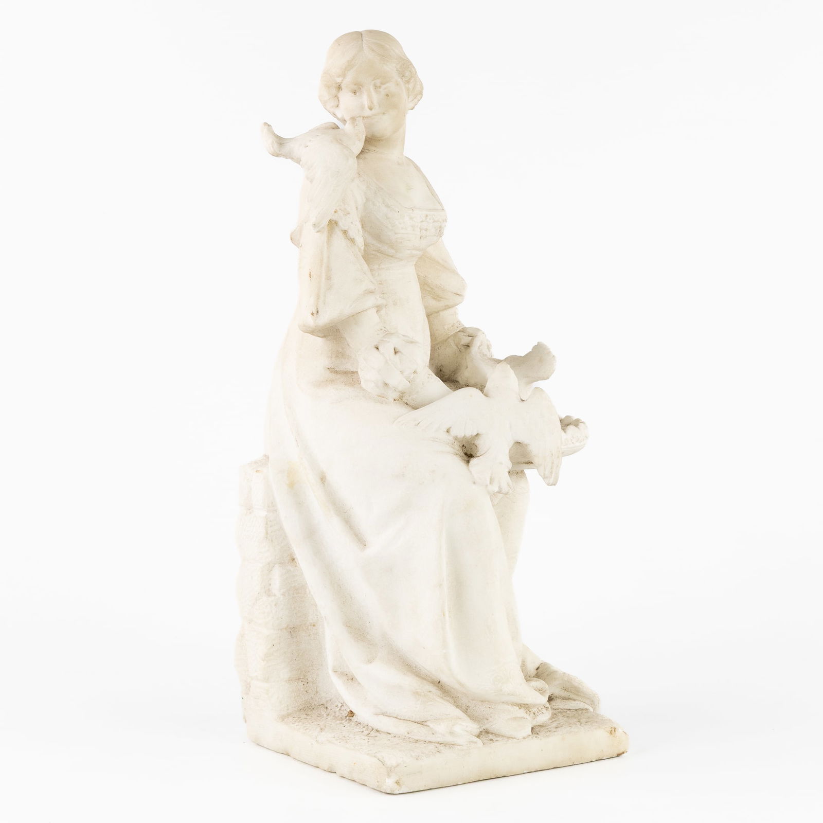 Guglielmo Pugi (c. 1850-1915) 'Young Lady with Doves', sculptured Carrara marble. (1 of 8)