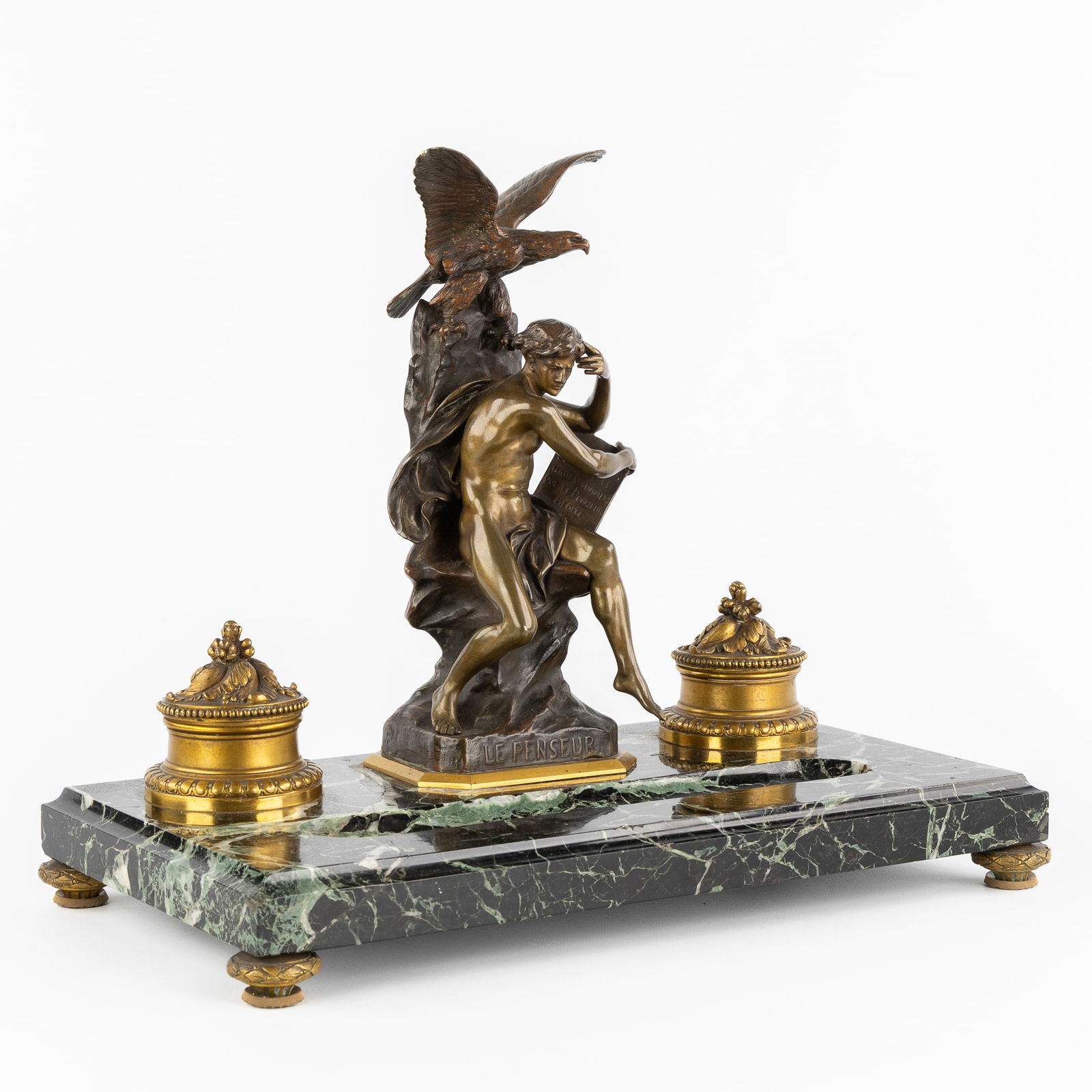 Emile Louis Picault (1833-1915) 'Le Penseur', a Large Inkstand, Marble and Bronze. (1 of 12)