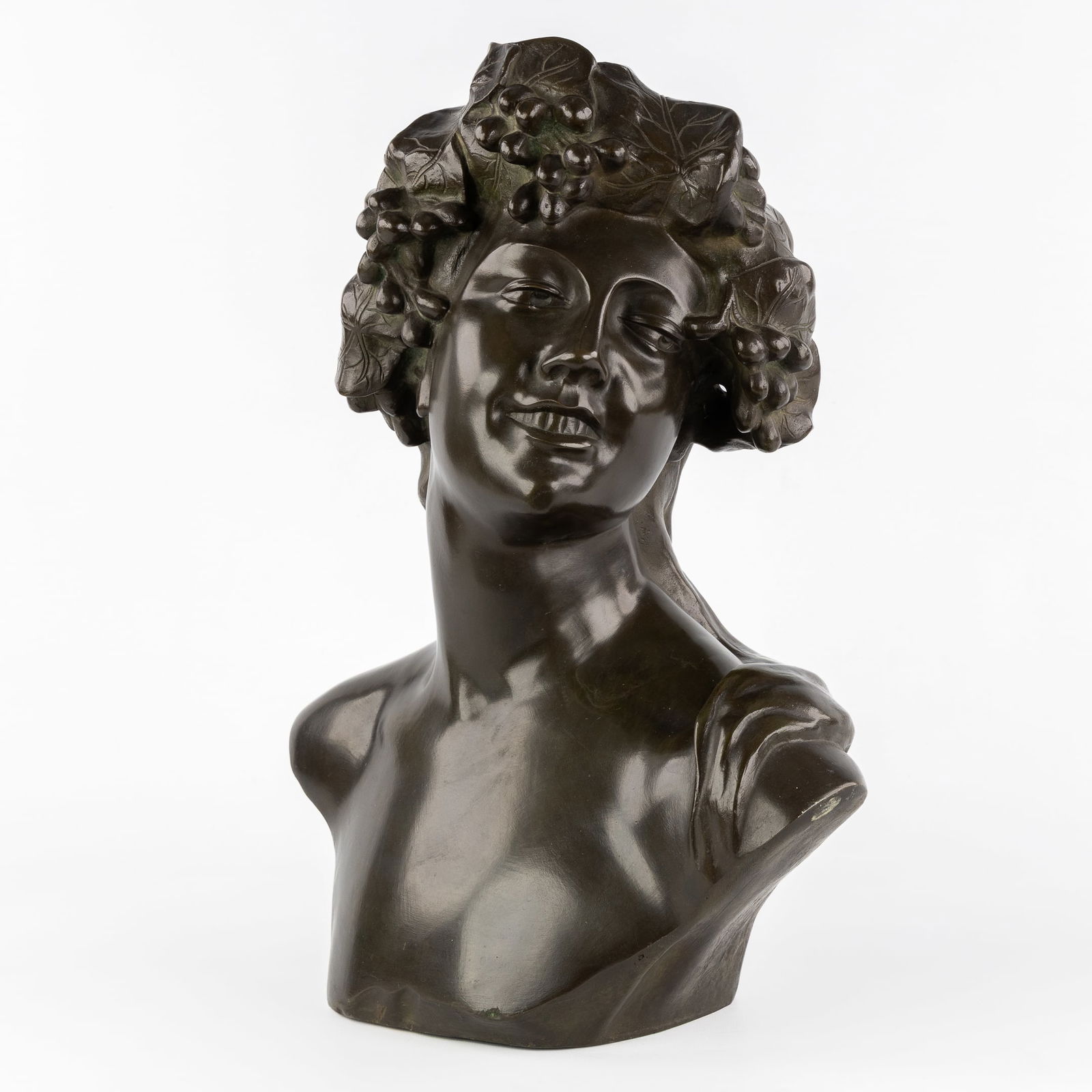 Jef Lambeaux (1852-1908) 'Bachanale', Bust of a Lady with Bunches of Grapes', patinated bronze. (1 of 8)