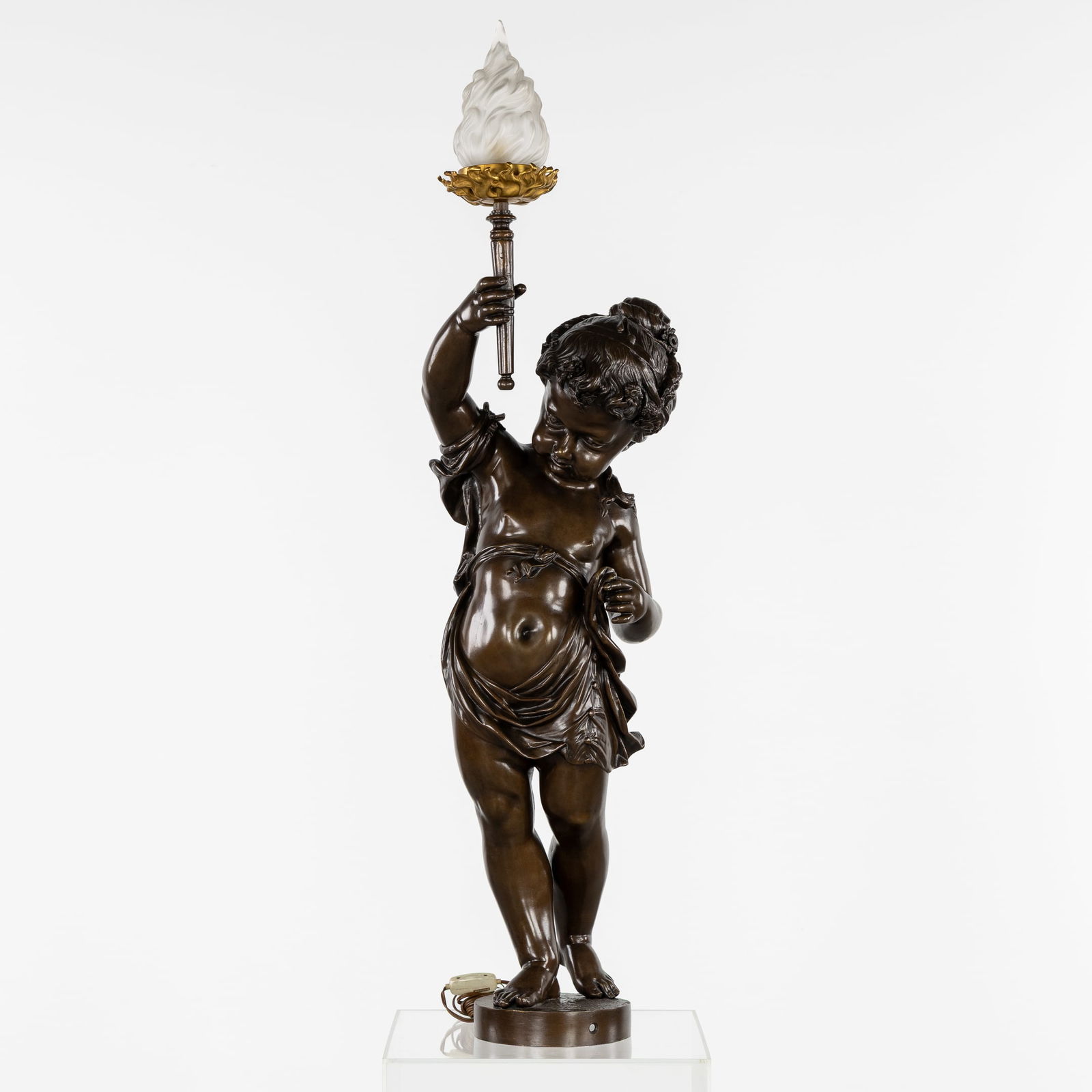 Mathurin Moreau (1822-1912) 'Putto with Torch', A Large and Exceptional Lamp, Patinated Bronze. (1 of 10)