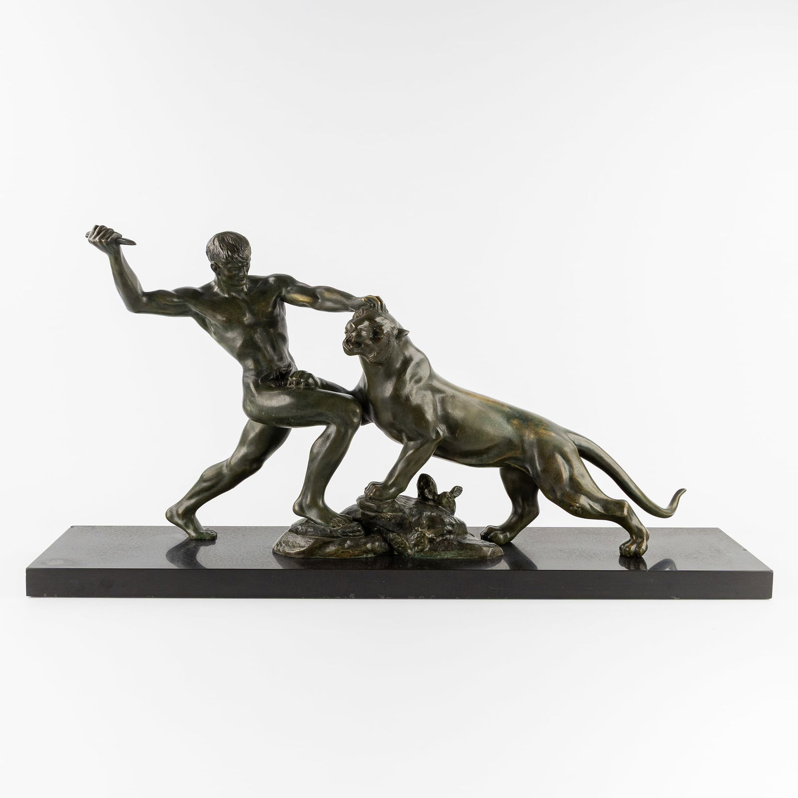 A. Soleau (XX) 'Gladiator Fighting a Panther', patinated bronze, Art Deco. (1 of 9)