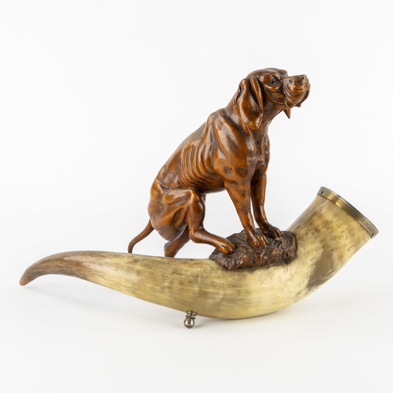 A Decorative Black Forest Hunting Trophy, Horn mounted with a Wood-Sculptured Hunting Dog. Germany, (1 of 11)