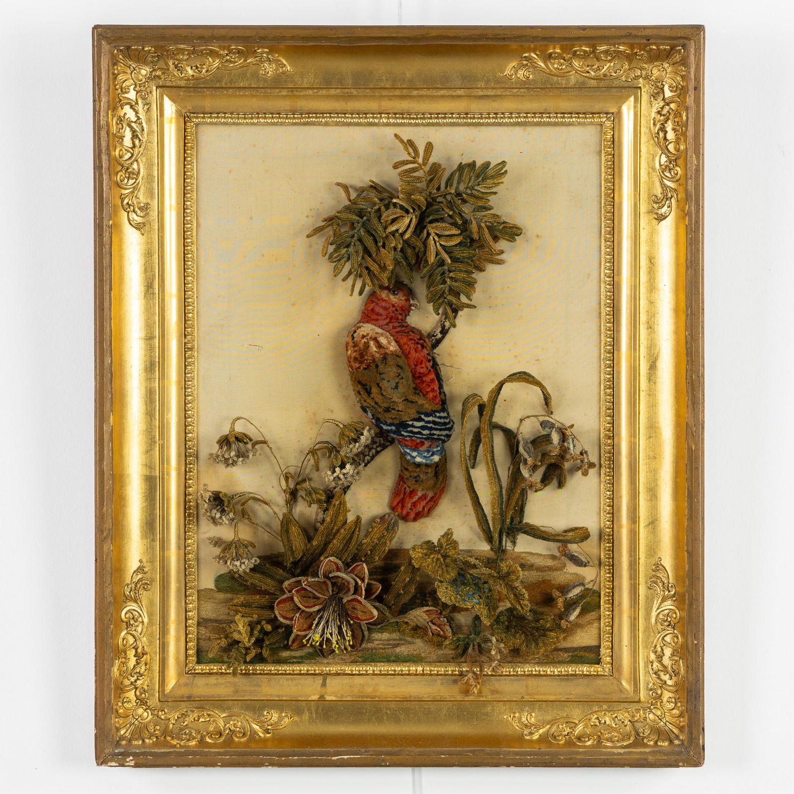 A Framed Three-Dimensional Embroidery, 'Parrot in a Palm Tree', circa 1900. (1 of 6)