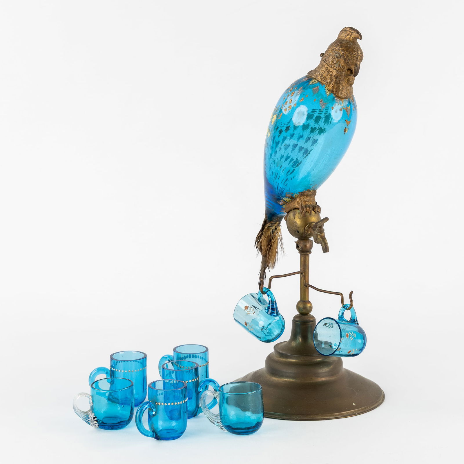 An Antique Parrot-Shaped Carafe, Blue Coloured Glass and Brass, with Matching Cups, Enamel (1 of 10)