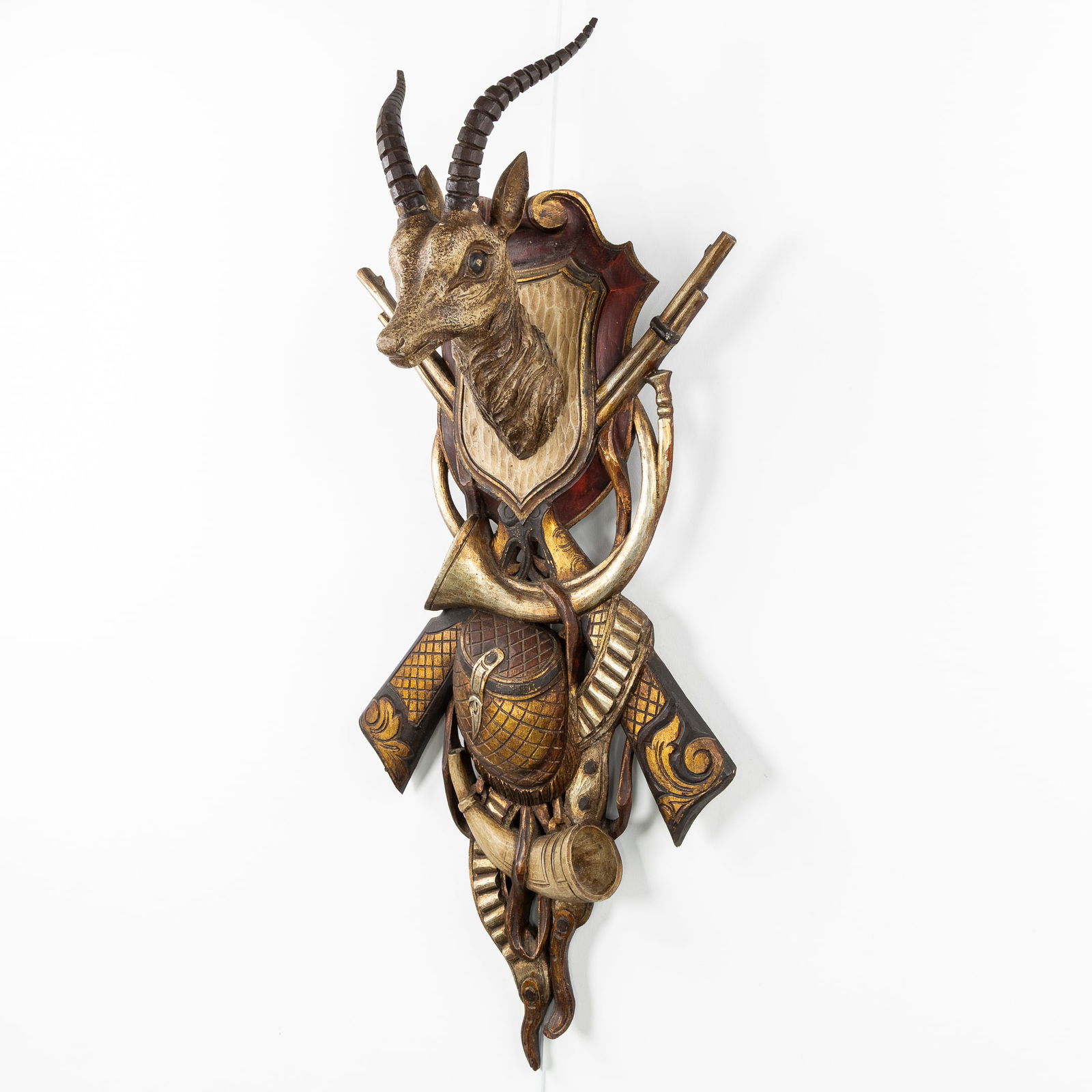 A Wood-Sculptured Wall Decoration or Hunting Panel, with a Chamois Head, Hunting Horns, and Rifles. (1 of 7)