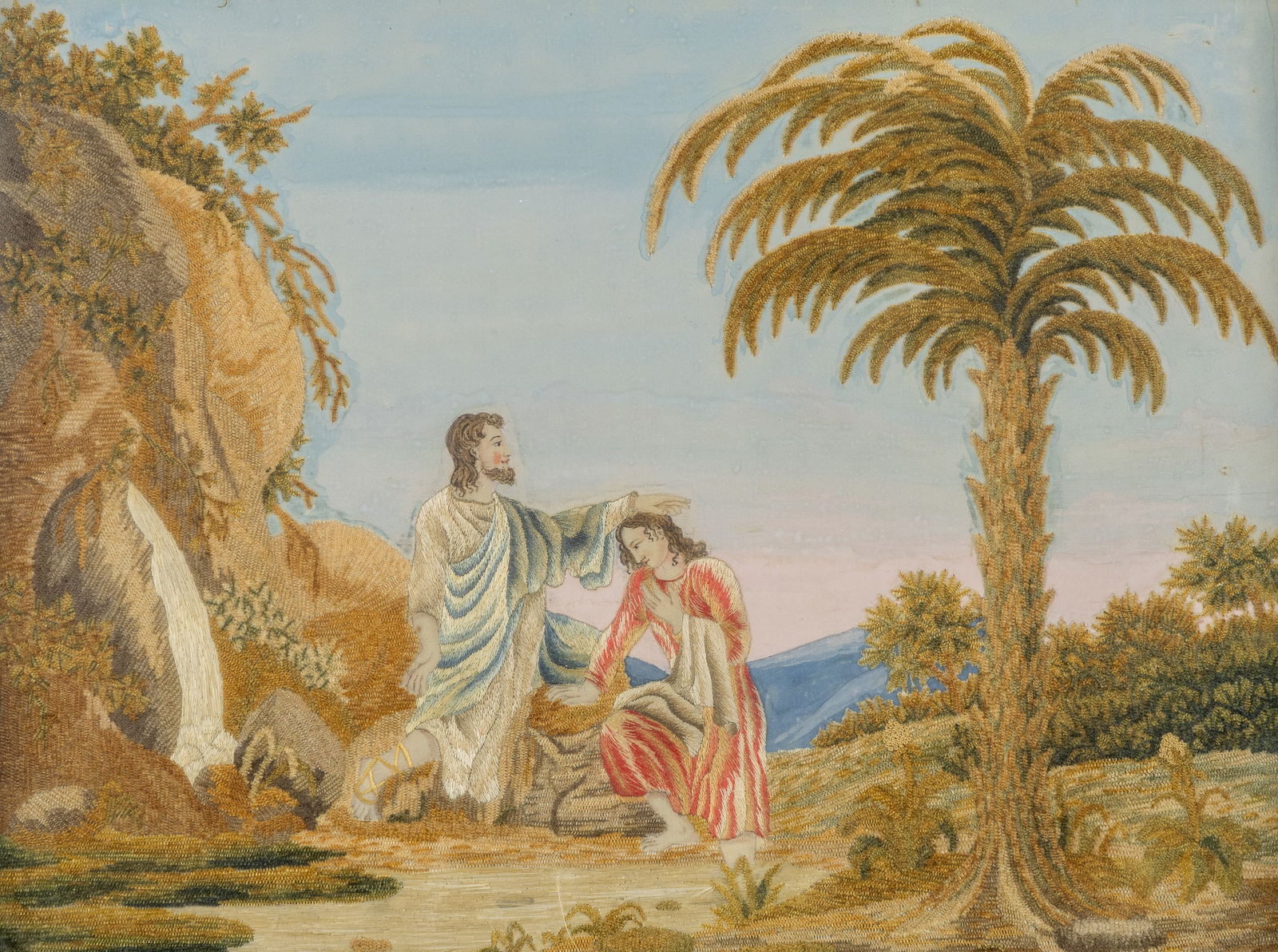 A 19th-century Religious Painting on Silk with Embroidery, Biblical Scene 'Christ appearing to Mary (1 of 4)