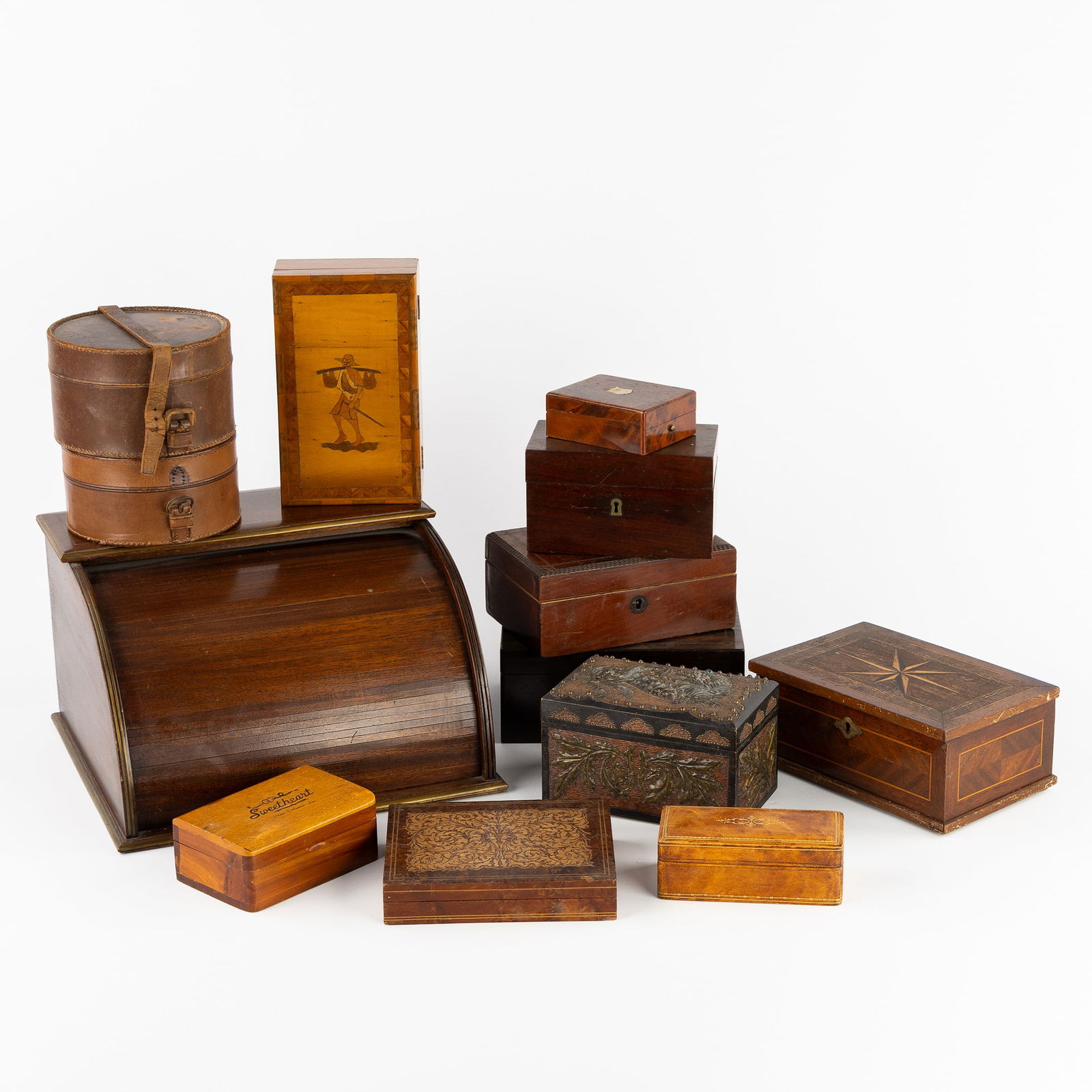 A Collection of 12 Chests and Boxes and a Letterbox, Wood and Leather, Marquetry. (1 of 11)