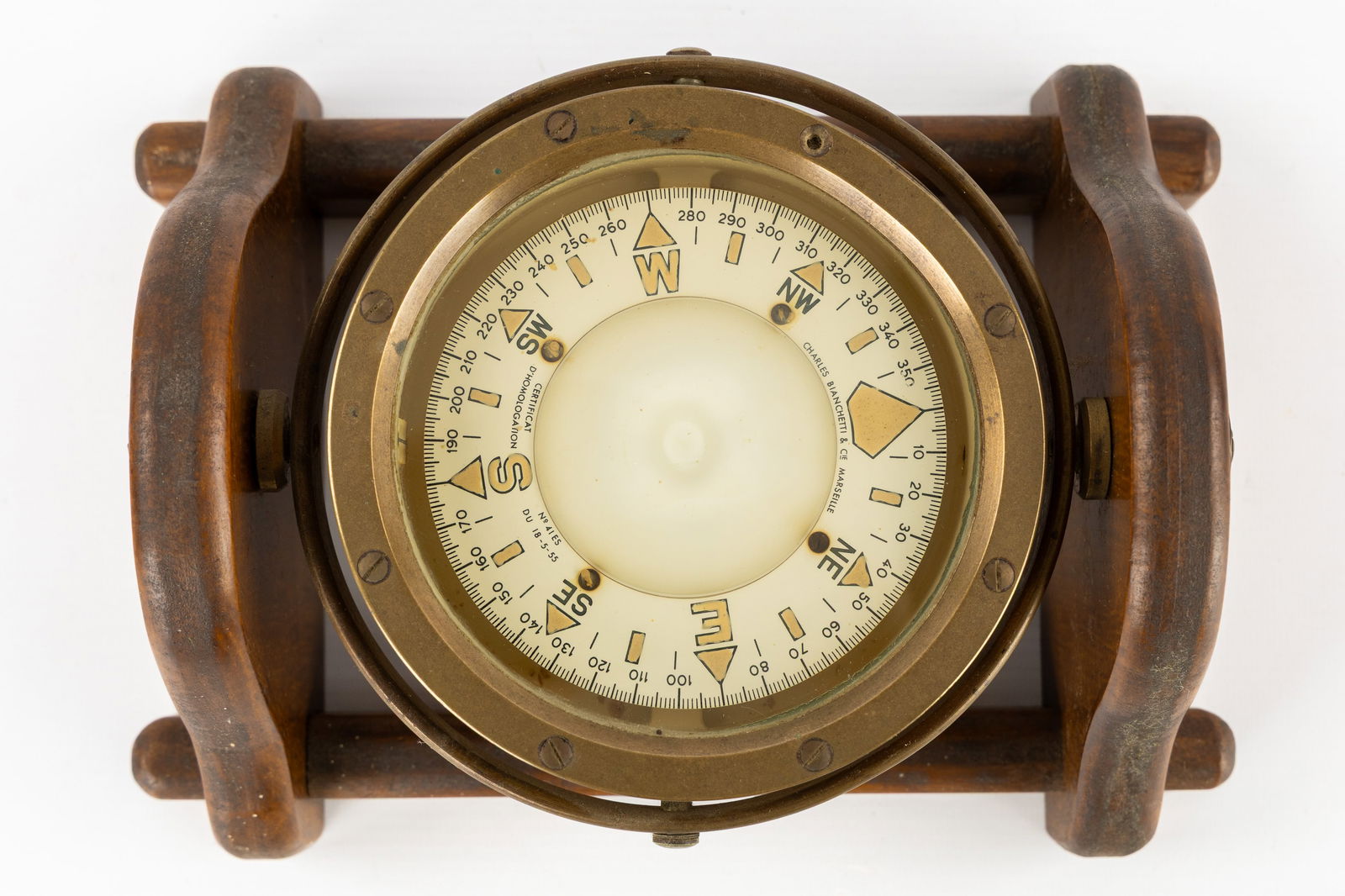 A Brass Ship's Compass, Charles Bianchetti & Cie, Marseille, mounted in a wooden table bracket. - 2