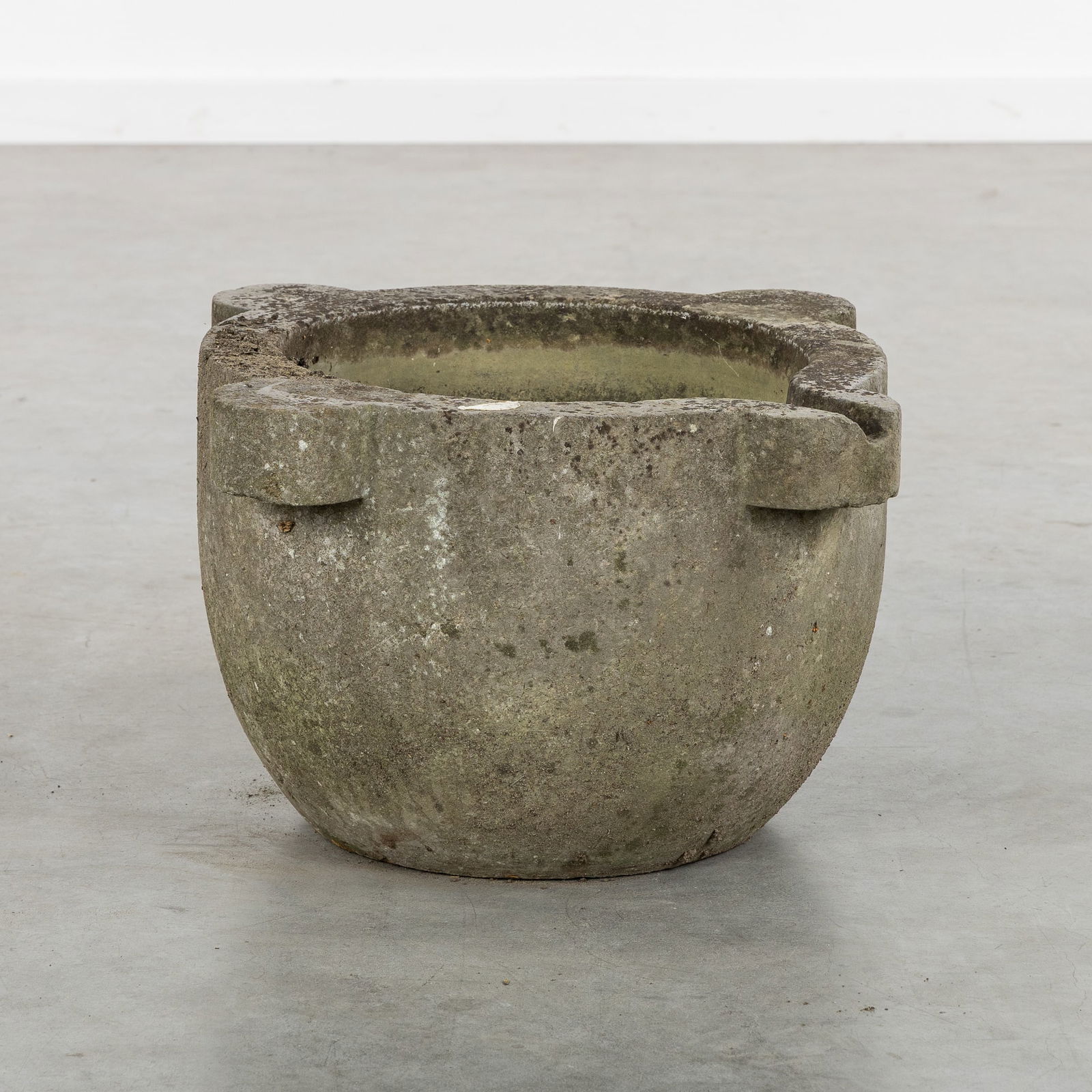 A Large and Decorative Four-lobed Mortar or Pestle, 20th C.: A Large and Decorative Four-lobed Mortar or Pestle, 20th century. Concrete, with a beautiful patina.Four-lobed mortar, one lobe with a pouring trough.20th century.