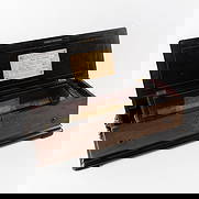 A Large Antique 'Mandolin' Music Box with Marquetry Inlay, Switzerland, late 19th: A Large Antique 'Mandolin' Music Box with Marquetry Inlay, Switzerland, late 19th century. Wooden box finished with marquetry inlay.Mounted with bronze handles.Music roll with 8 songs 'Airs Mandoline'