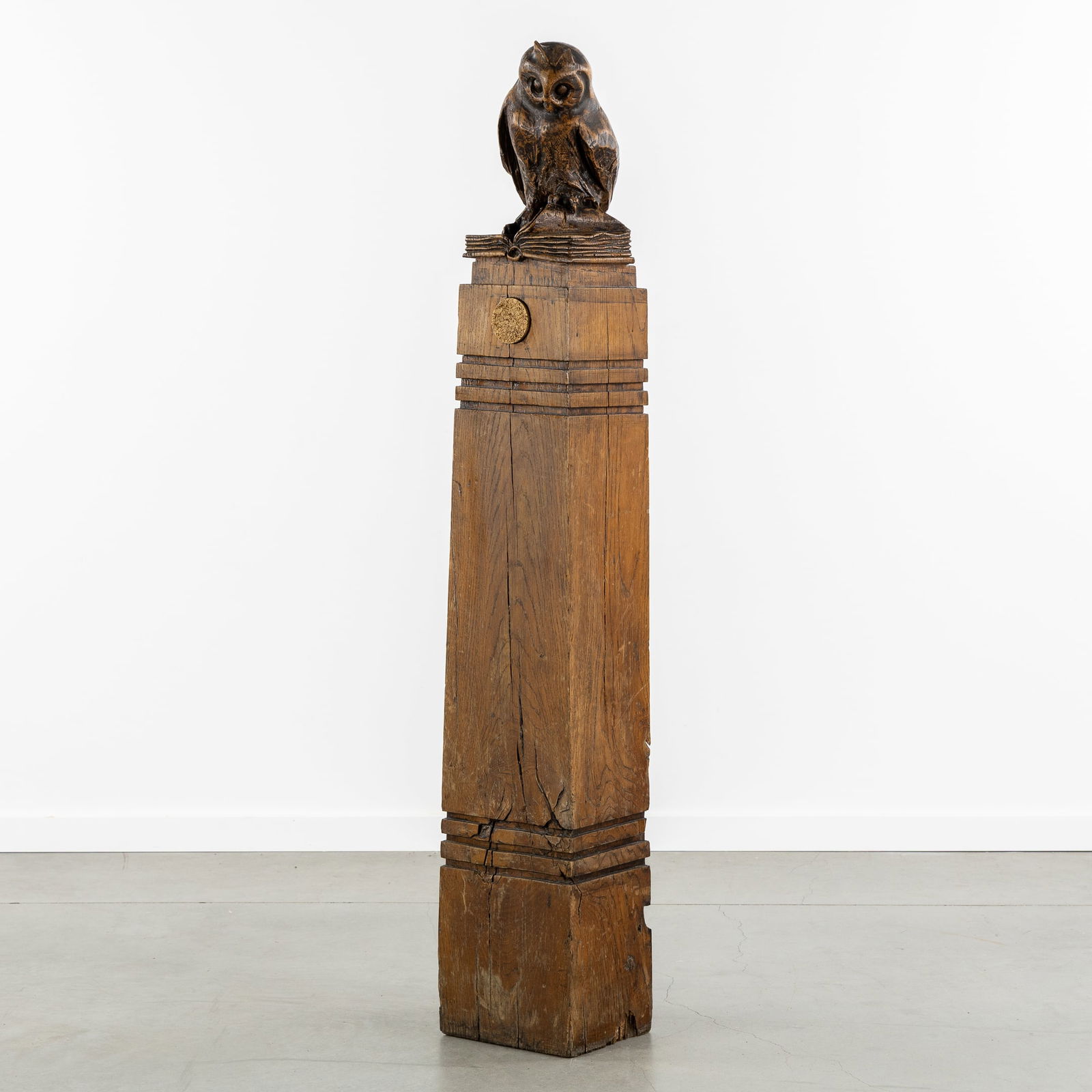 A Wood-Sculptured Newel Post, mounted with an Owl on a Book, circa 1900. (1 of 7)