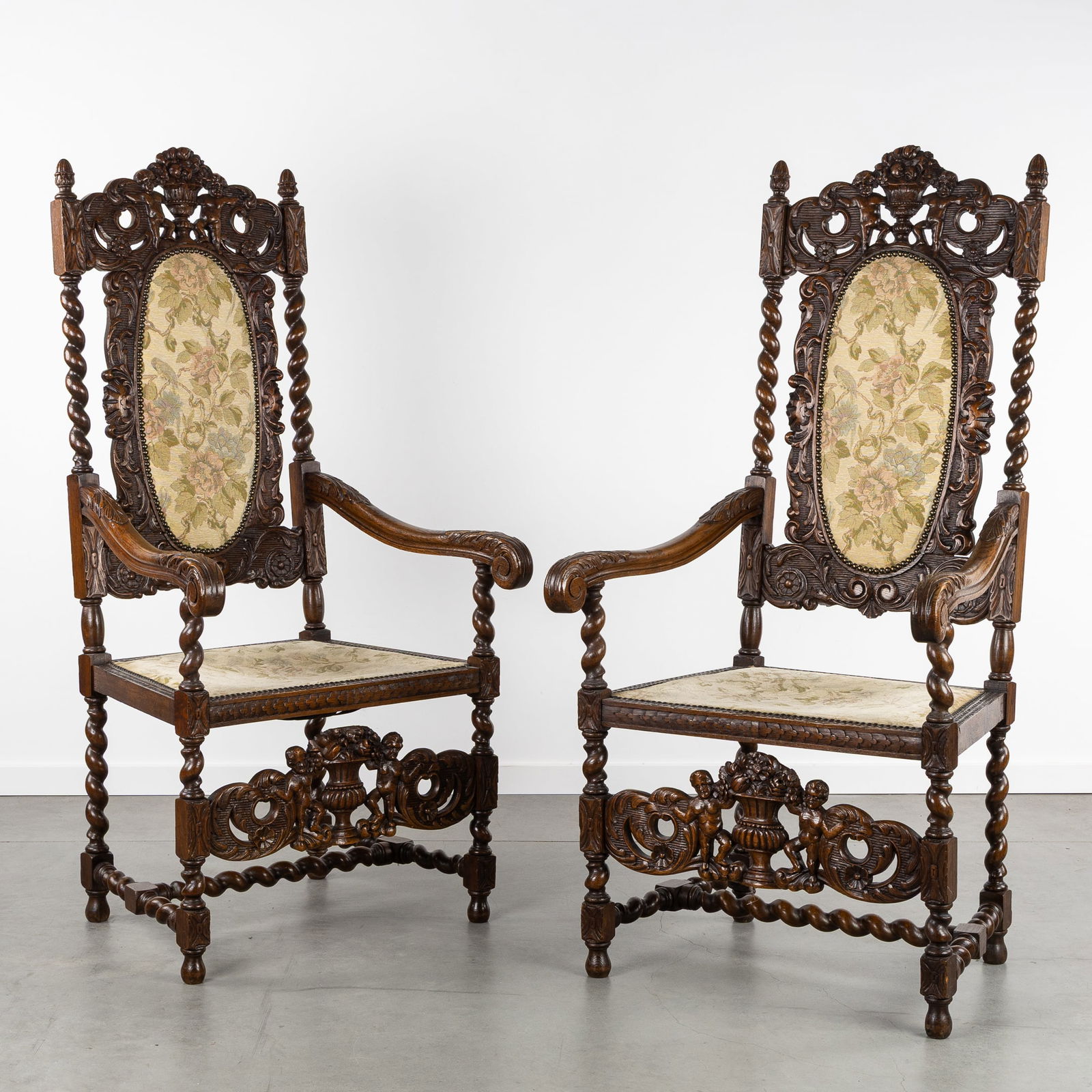 A Pair of Richly Sculptured Armchairs, Putti and Floral Urns, Neo-Renaissance style, 20th C. (1 of 11)