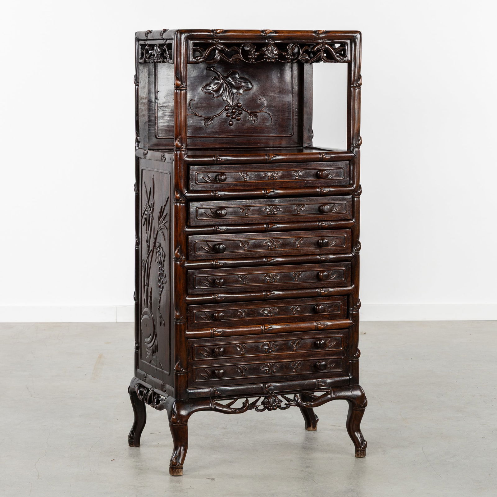 An Oriental Hardwood Tall Chest of Drawers, with Floral Sculptured Panels, Chinoiserie, Japonism. (1 of 8)