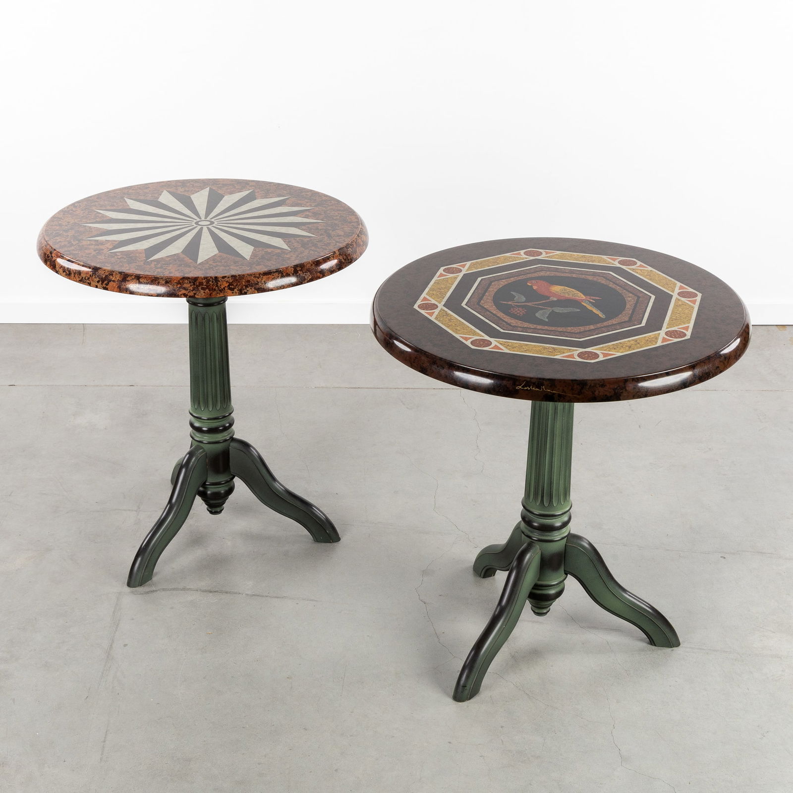 La Strada, Two Decorative Side Tables, Faux Marble, Decorated with Parrot and Geometric Patterns,: La Strada, Two Decorative Side Tables, Faux Marble, Decorated with Parrot and Geometric Patterns, 20th century. Patinated wood, faux marble.The table with the parrot design is signed 'Lastrada'.20th c