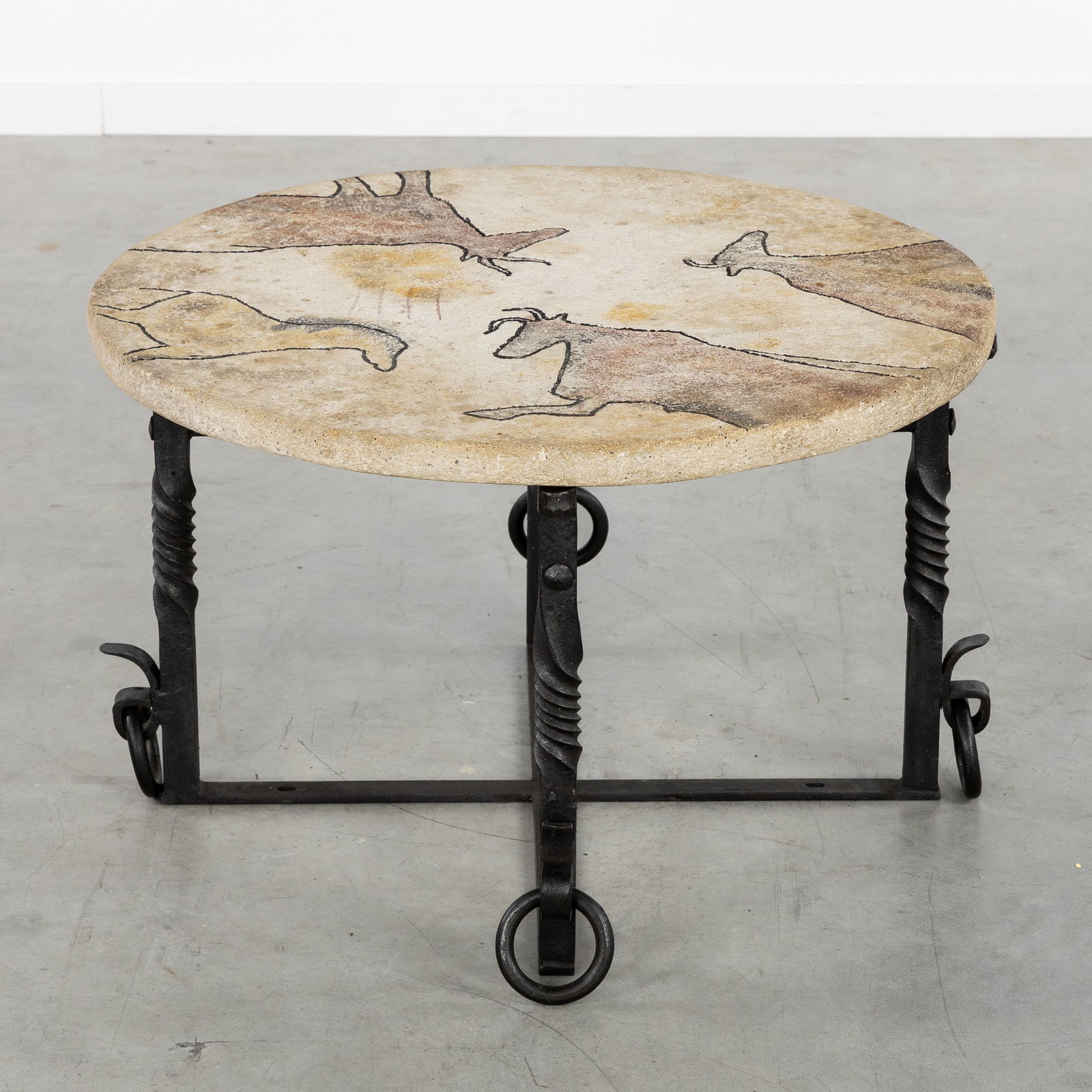 A Decorative Coffee Table, Decorated with Prehistoric Rock Art, Natural Stone and Wrought Iron. (1 of 9)