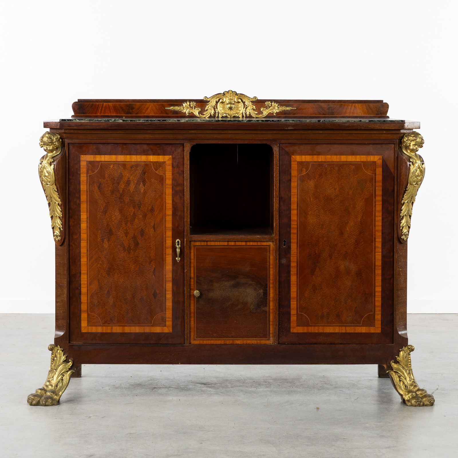 A Sideboard Cabinet, Marquetry and Gilded Bronze, Marble Top, Transition Style, Circa 1900. (1 of 10)