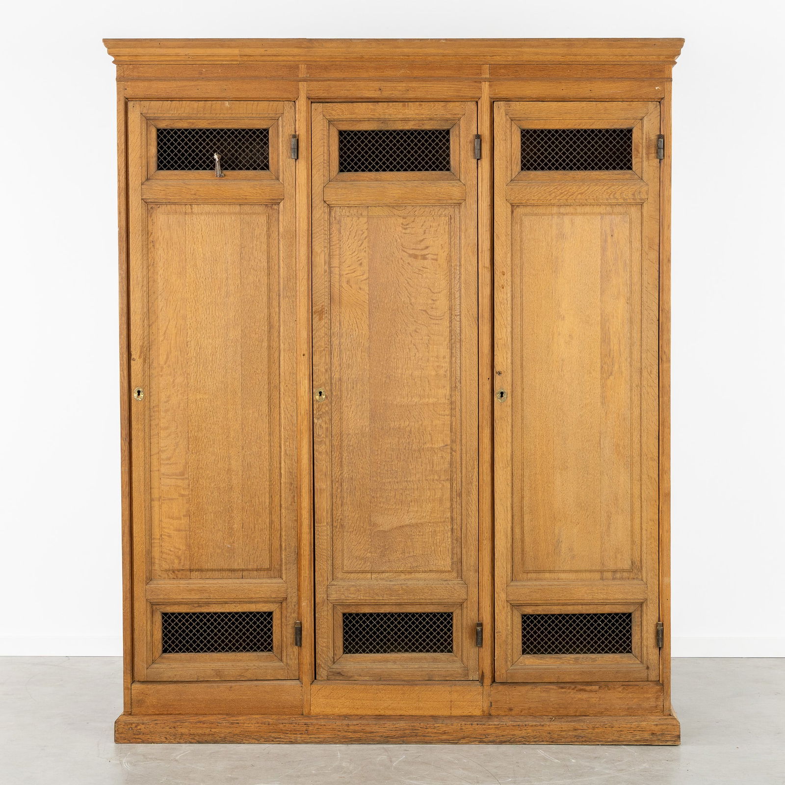 An Oak Locker Cabinet or Hallway Wardrobe with Metal Mesh Panels, circa 1900. (1 of 8)