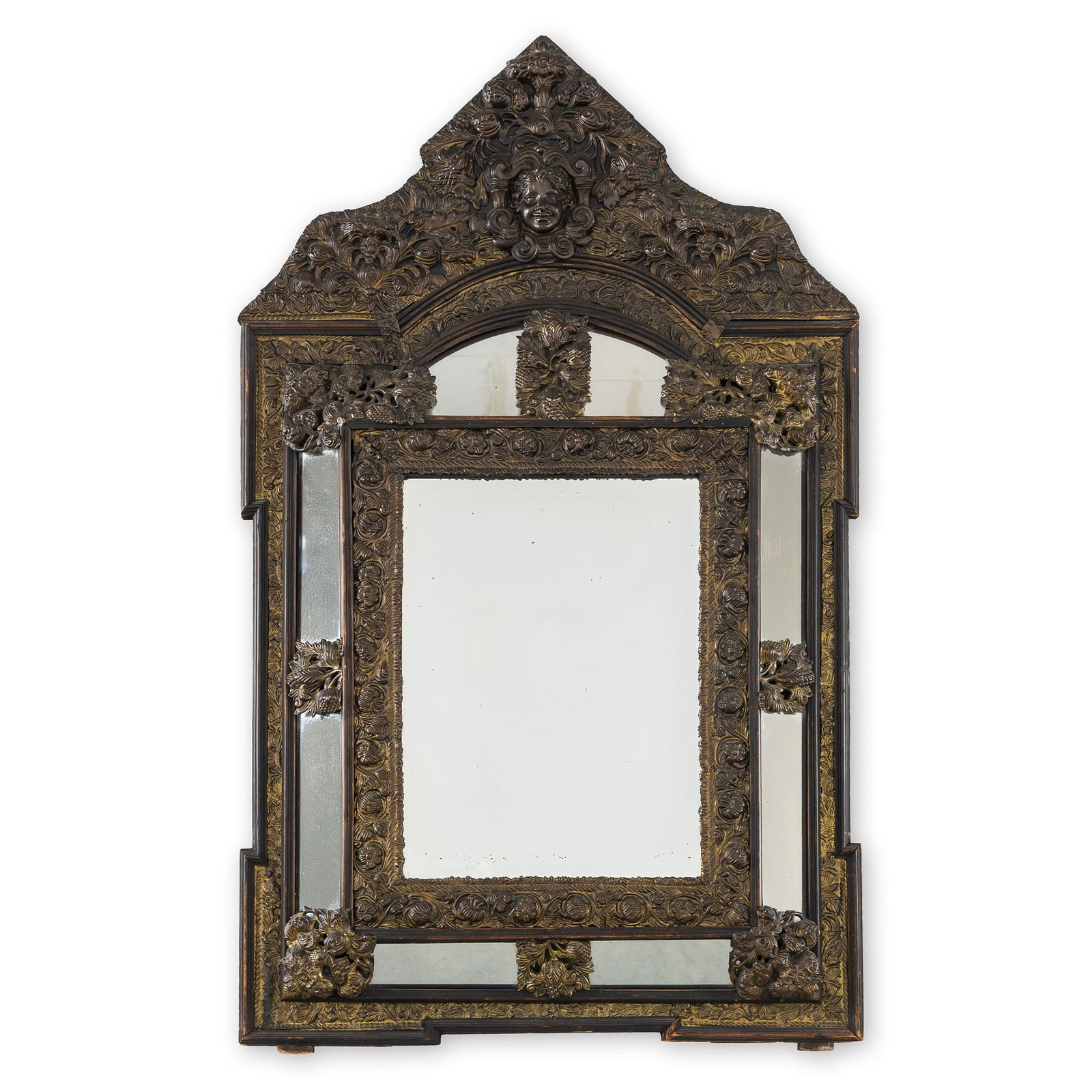 An Antique Dutch Bridal Mirror or Cushion Mirror with Repousse Decoration, Wood and Brass, 19th C. (1 of 5)