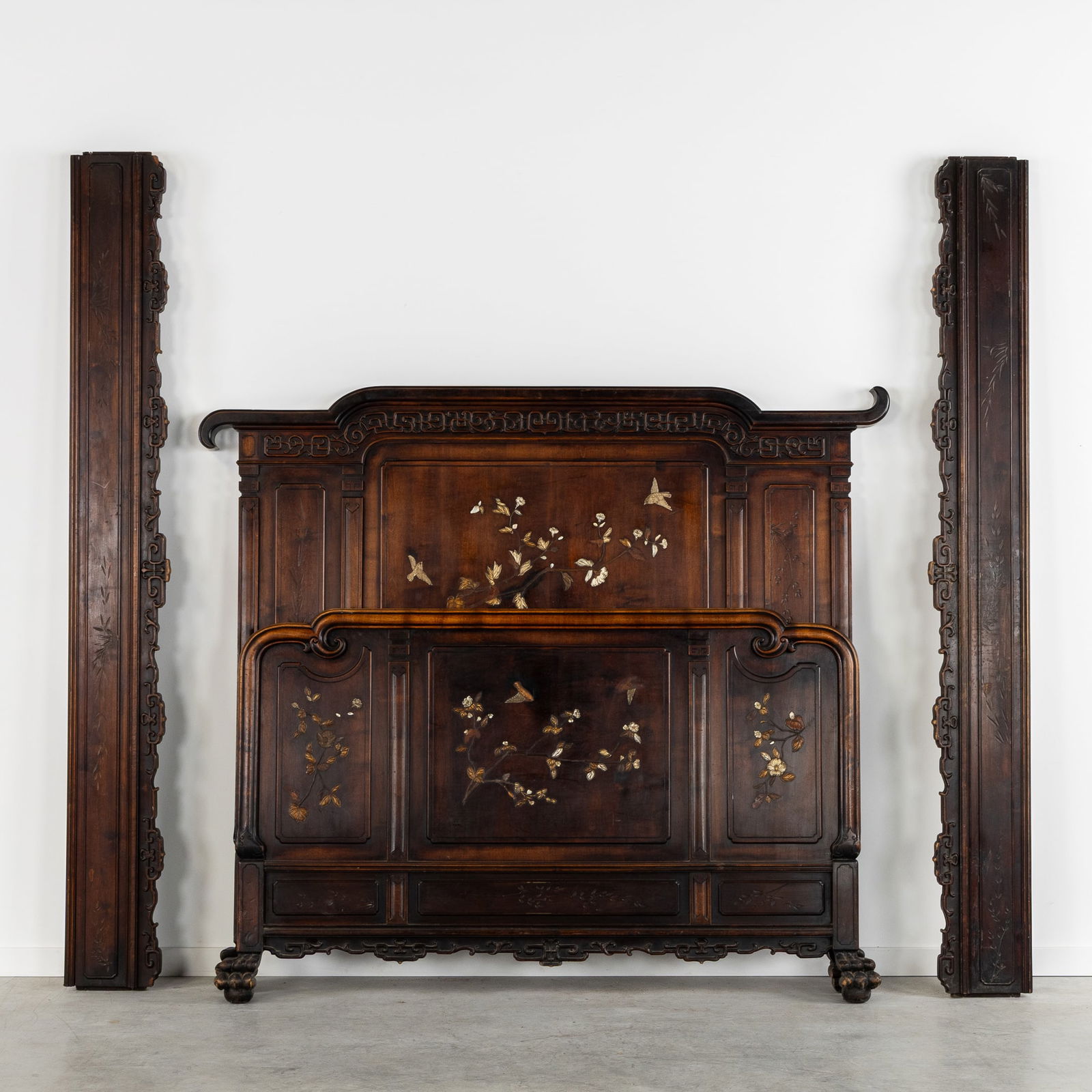 In the style of Gabriel Viardot (1830-1906) A Wood-Sculptured Bed, Japonisme, Inlay with Bone and (1 of 11)