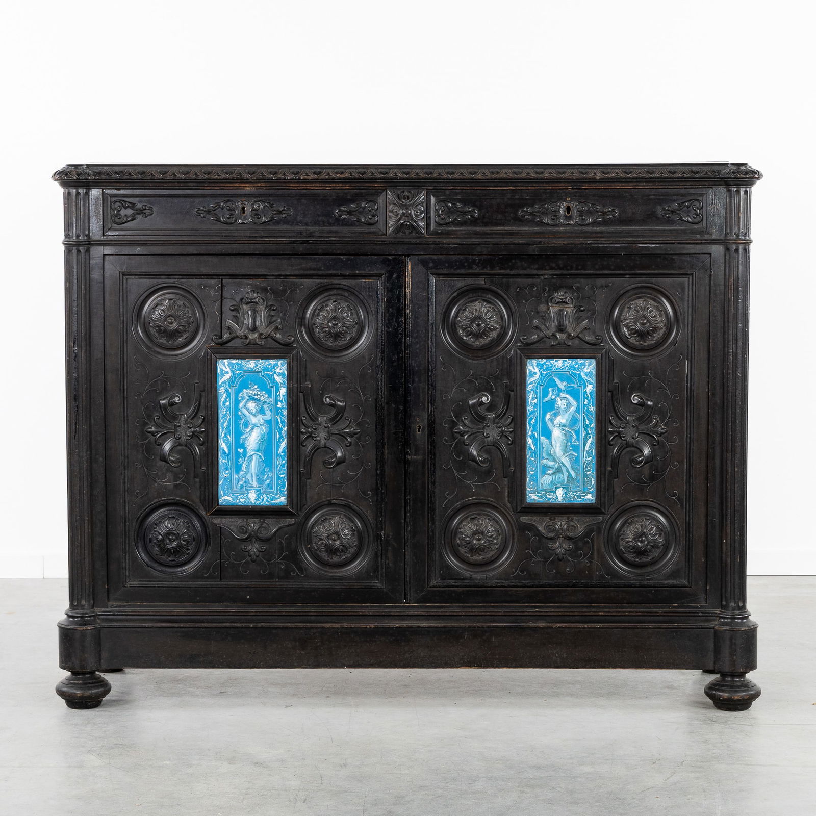 An Italian Dresser or Credenza, Ebonized and Sculptured Wood, Porcelain Plaques, Neo-Renaissance, (1 of 8)