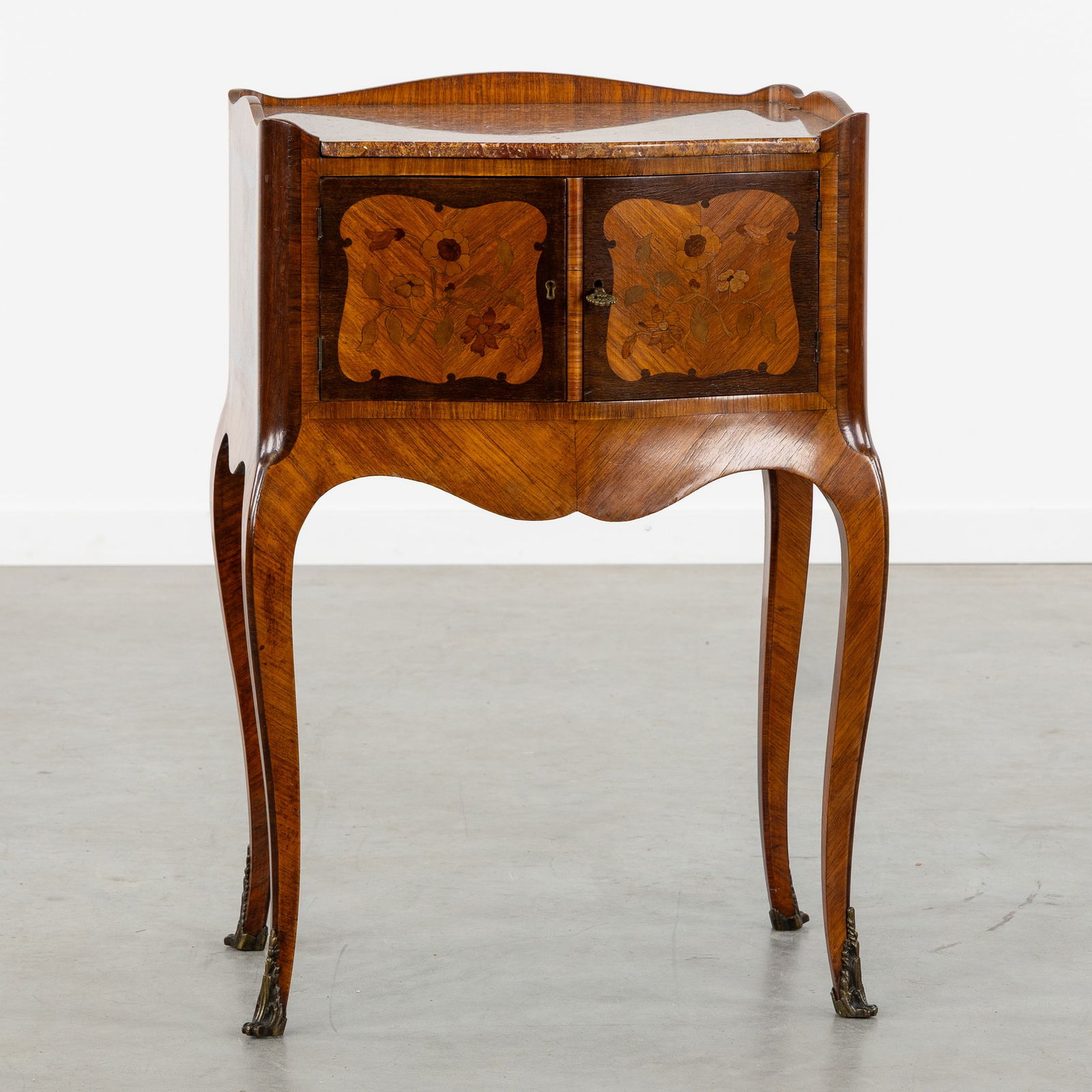 A French Side Table or Cabinet, Marquetry and Bronze Mounts, Marble Top, Transition style, 20th C. (1 of 8)