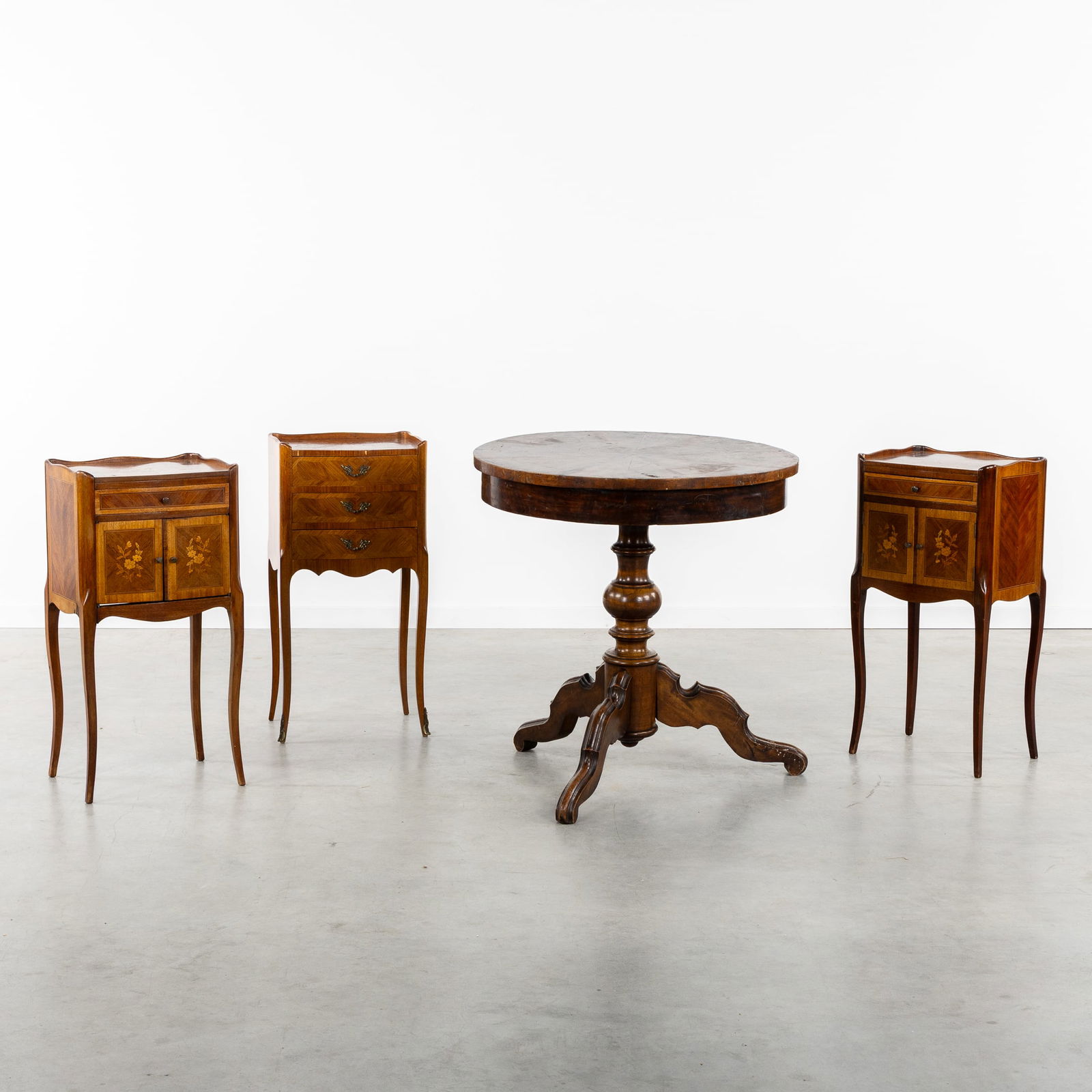 Three Bedside Tables/Side Tables and a Round Table, finished with marquetry and parquetry. (1 of 10)