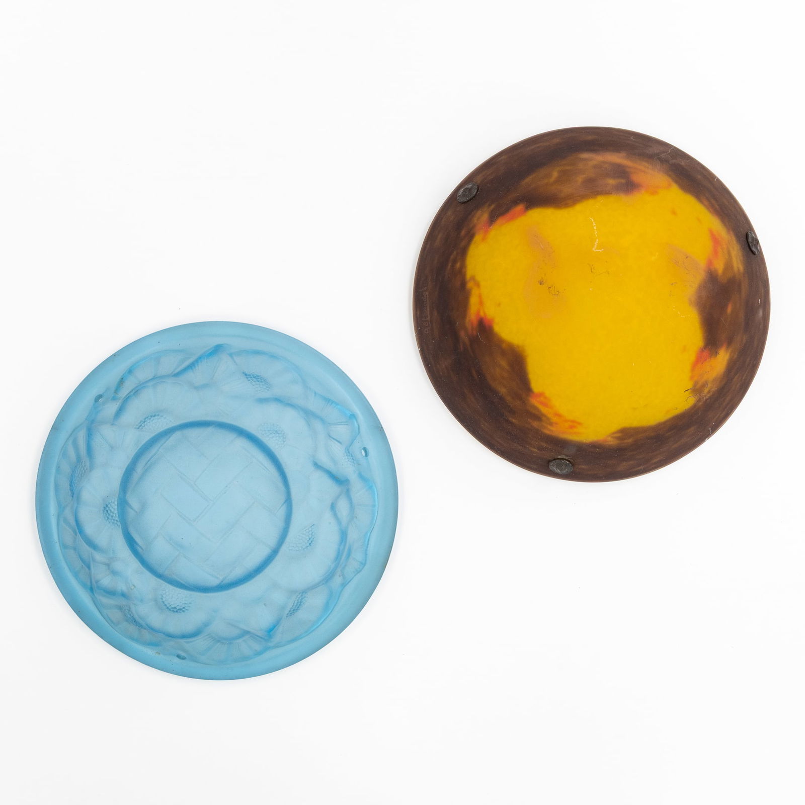 Rethondes, Two Art Deco Ceiling Lamps or Coupes, blue pressed glass and pate de verre, France, circa: Rethondes, Two Art Deco Ceiling Lamps or Coupes, blue pressed glass and pate de verre, France, circa 1930. Ceiling lamp or coupe, blue pressed and frosted glass, decorated with flowers, numbered 554,