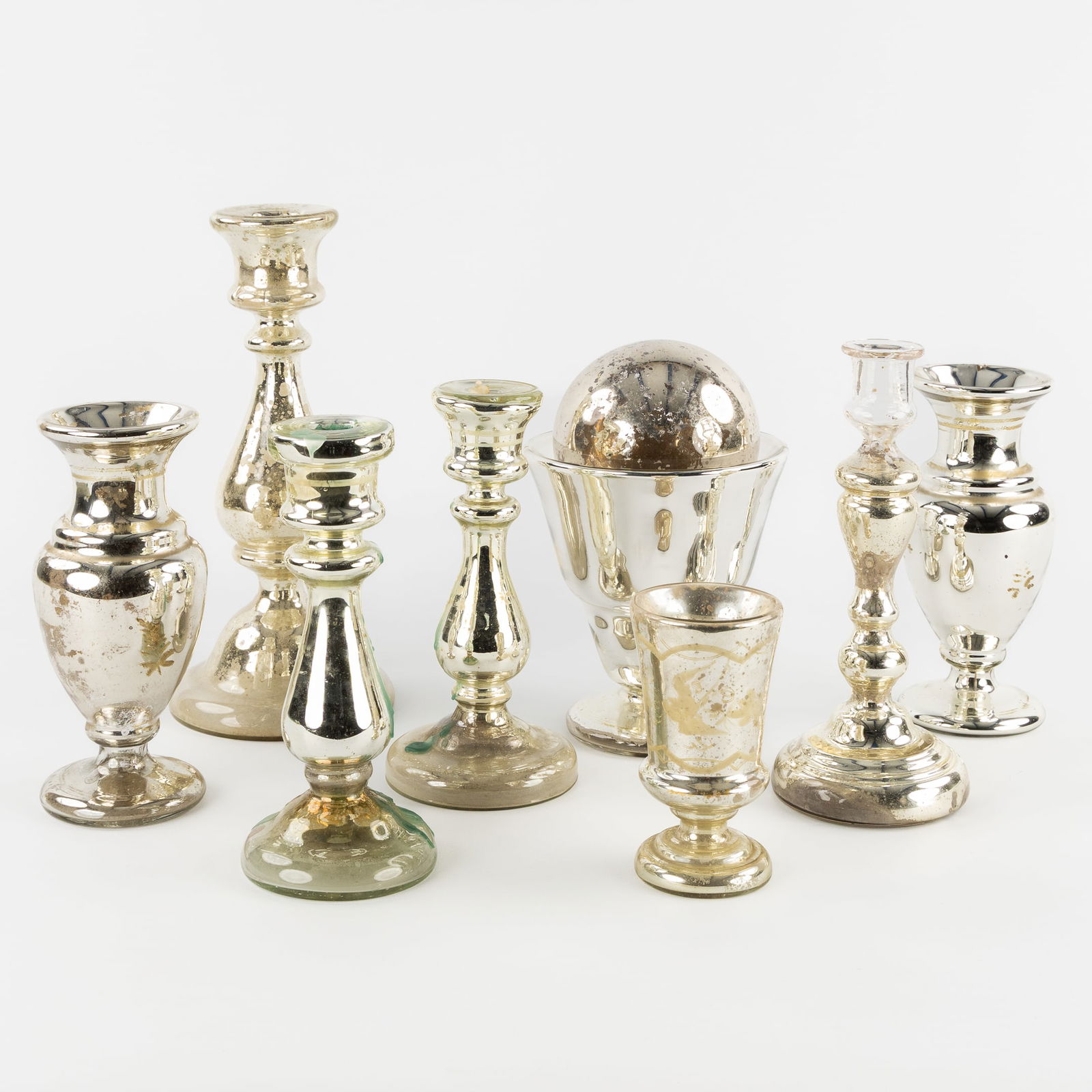 A Collection of 9 Decorative Candlesticks, Vases, and a Witch's Ball, 'Argent des Pauvres', Mercury (1 of 5)