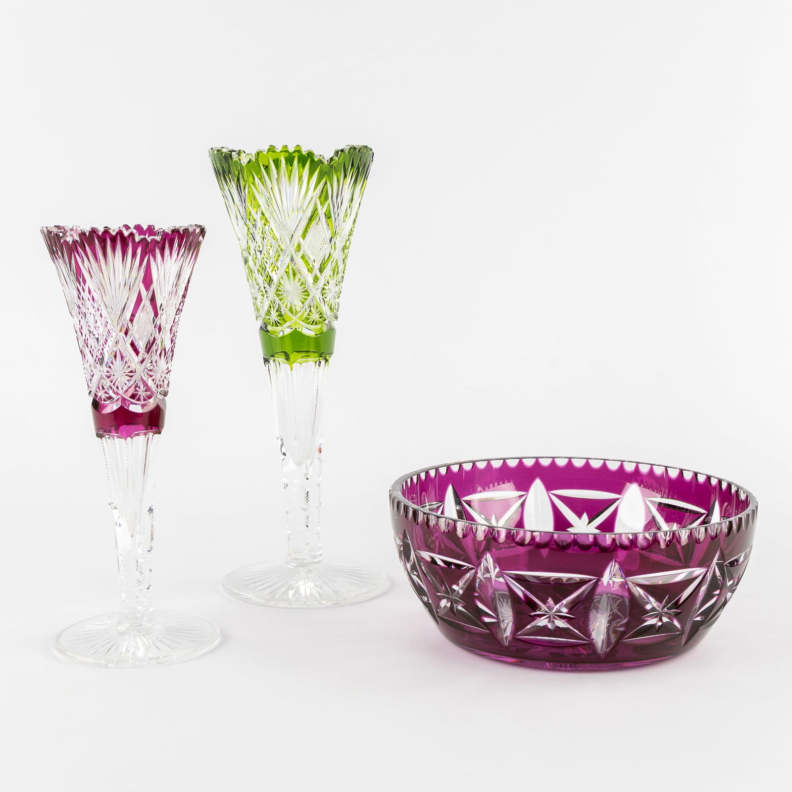 Val Saint Lambert, Hubert Fourage, Two Wedding Vases and a Bowl, Coloured and Cut Crystal. (1 of 8)