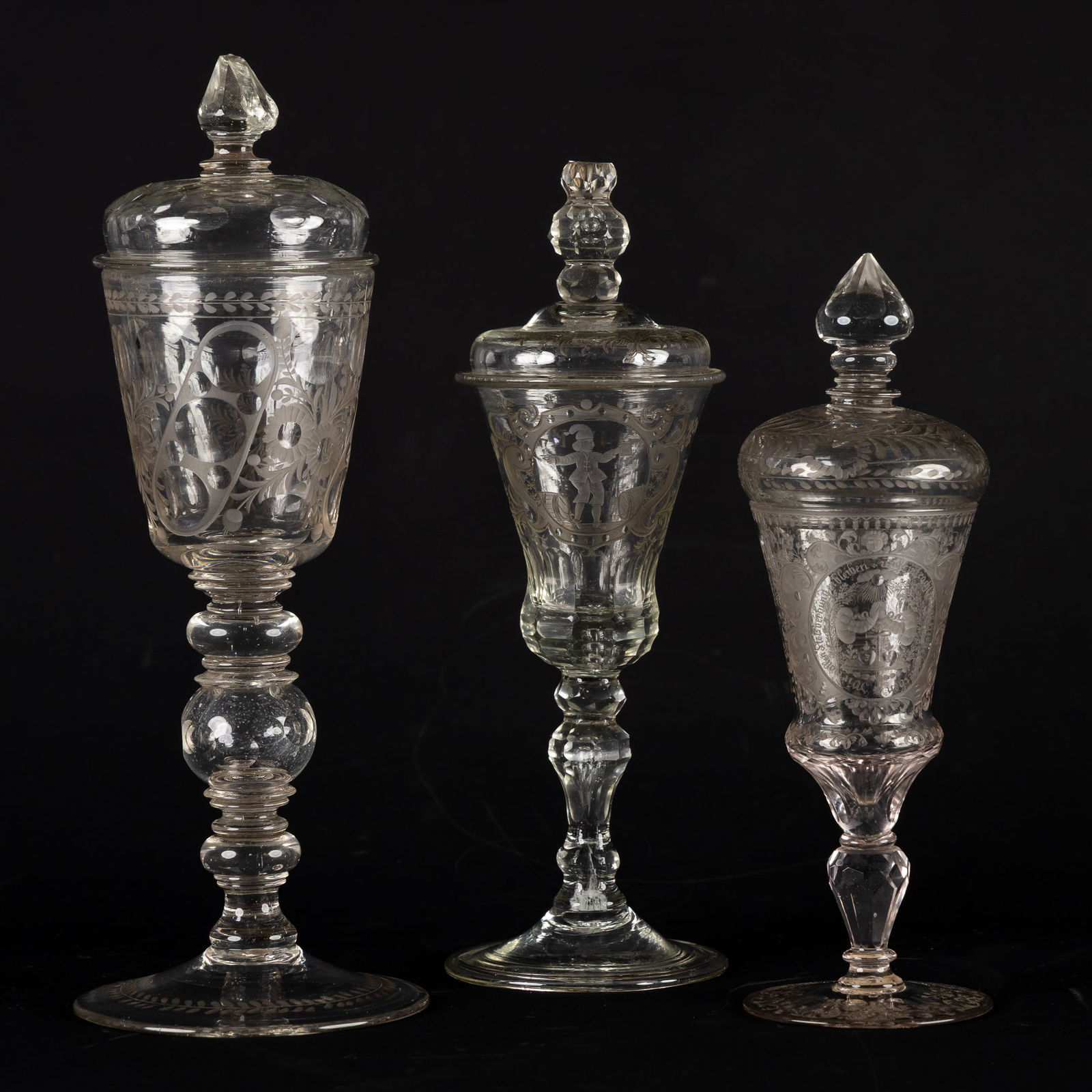 Three Goblets with Lids, Cut and Engraved Glass, Germany/Bohemia, 18th/19th C. (1 of 9)