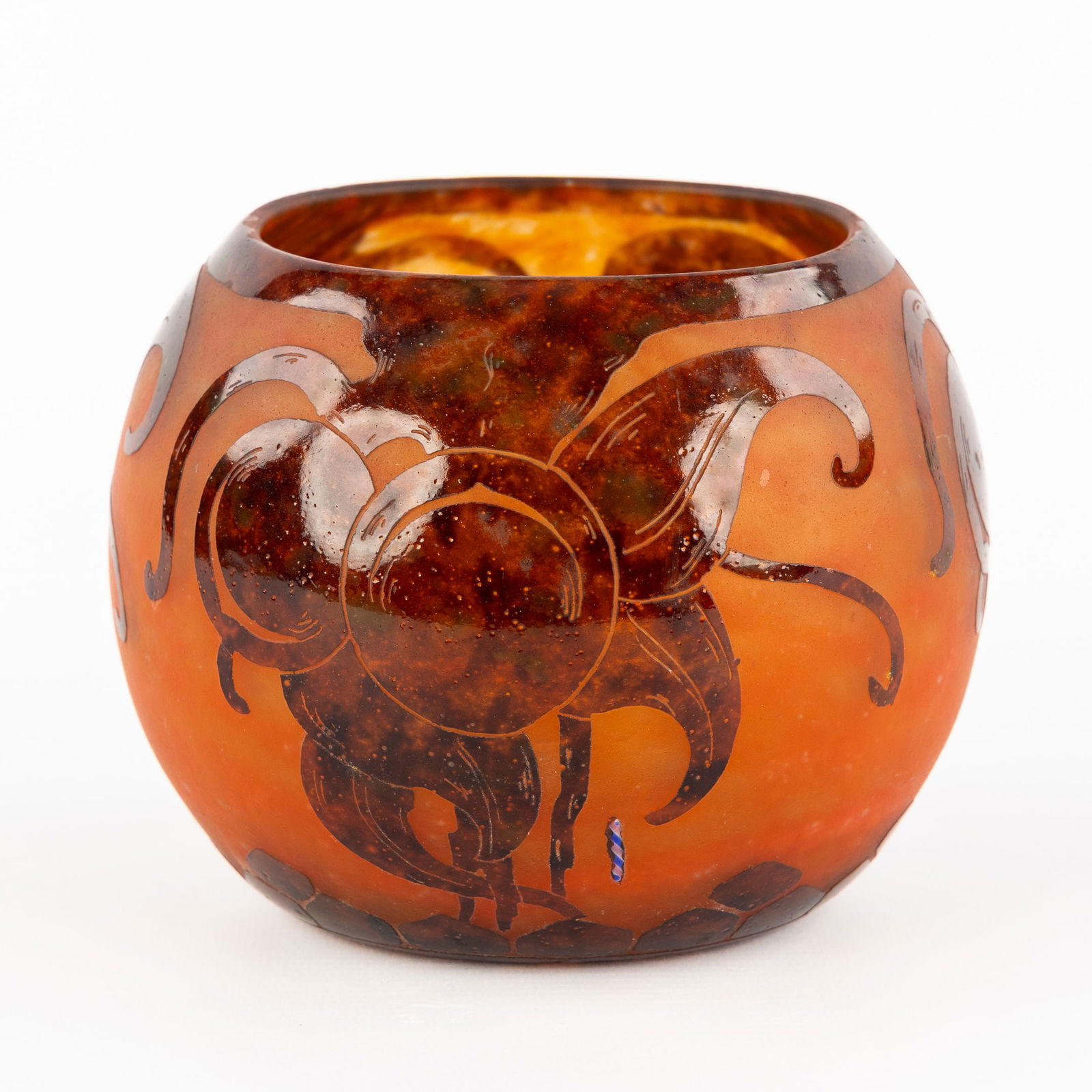 Le Verre Français, Schneider, A Bowl Vase with Floral Decorations, Cameo Glass, Art Deco.: Le Verre Français, Schneider, A Bowl Vase with Floral Decorations, Cameo Glass, Art Deco. Cameo glass. Marked 'Le Verre Français' and with the blue/white/red Berlingot mark. Art Deco, circa 1920.