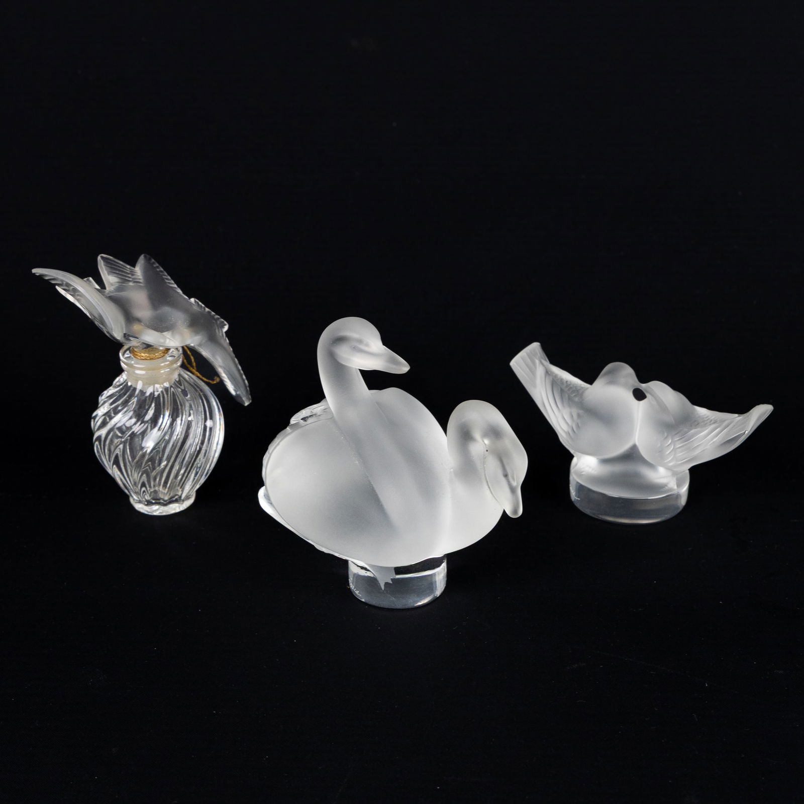 Lalique France, Two Doves, Two Swans, and a Perfume Bottle 'L'Air du Temps', Frosted and Cut (1 of 10)