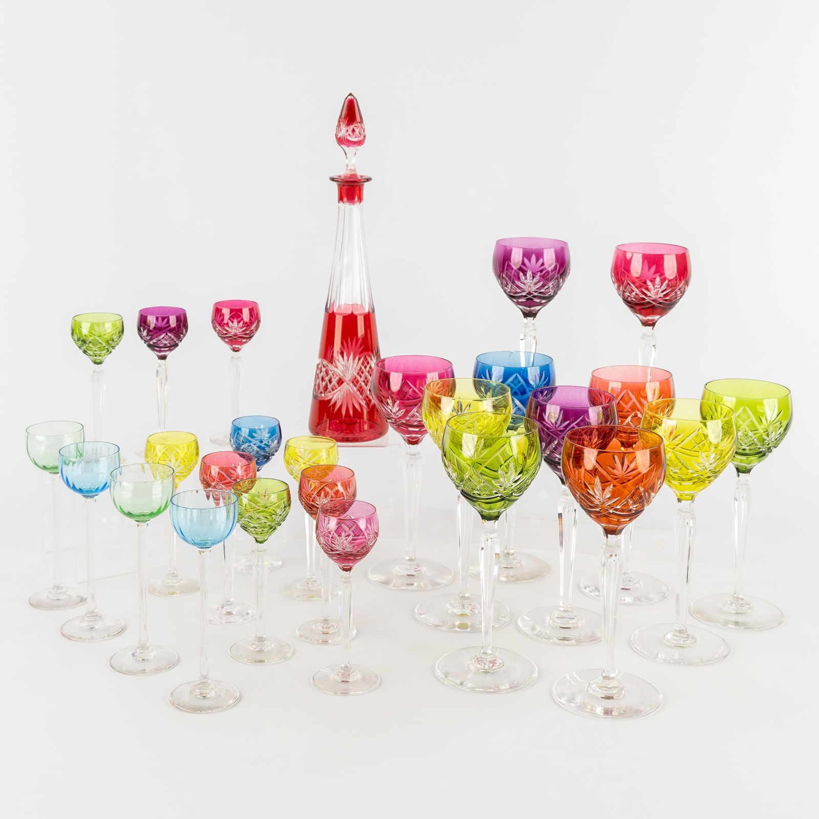 Val Saint Lambert, A Collection of Liqueur and Wine Glasses and Decanter, Coloured and Cut Crystal. (1 of 9)