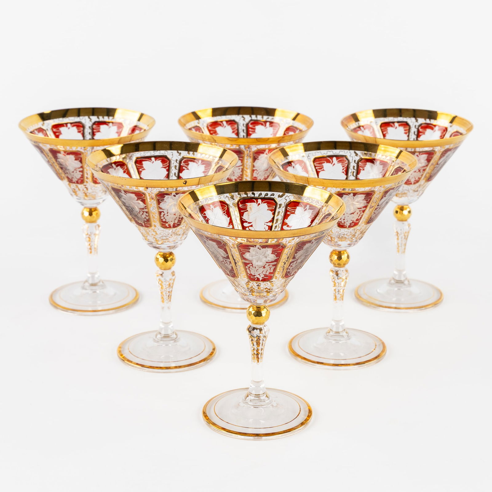 A Set of 6 Coupe Glasses, with Gilt Decorations and Red Panels, in the style of Egermann and (1 of 5)