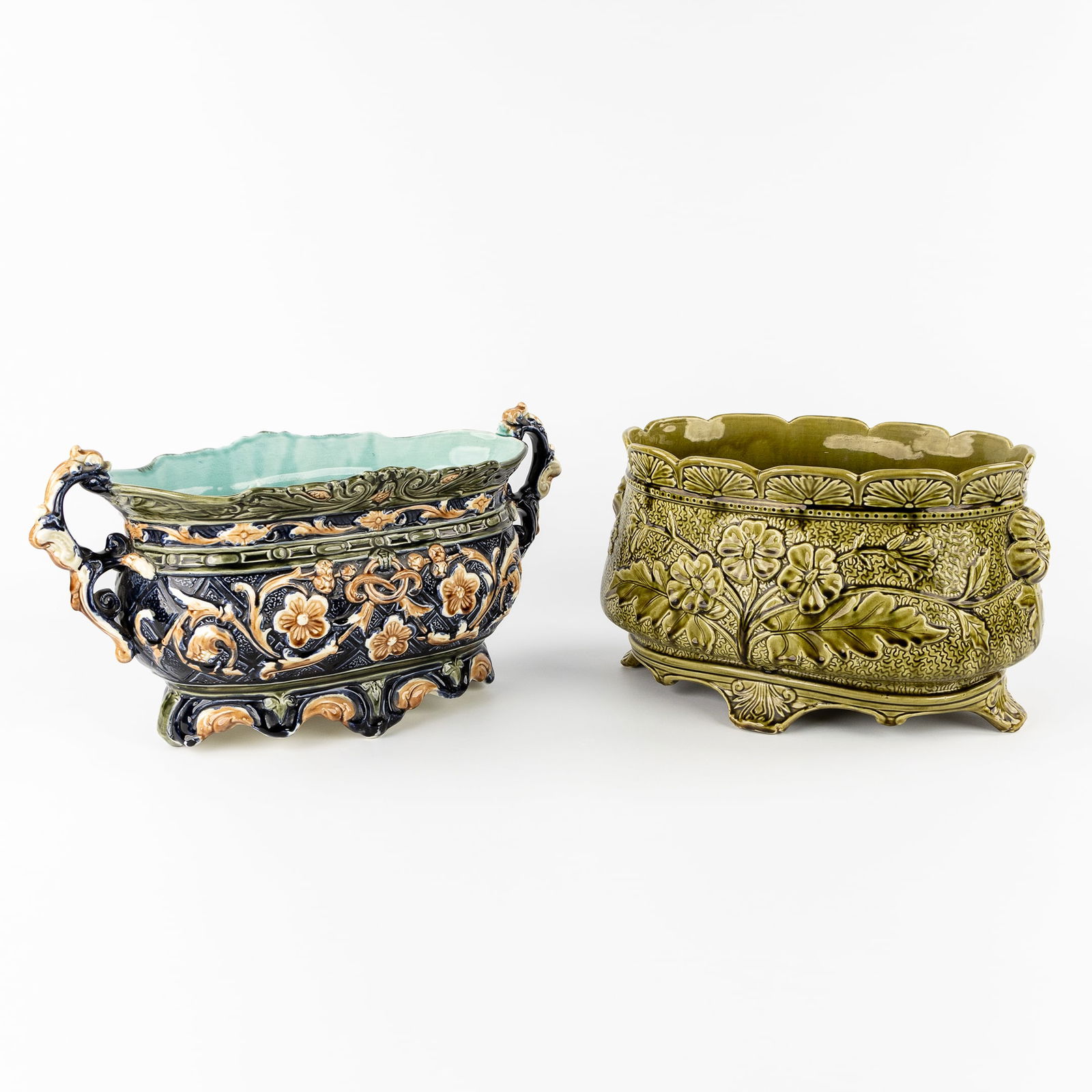 Two Florally Decorated Jardinieres, Glazed Faience, Barbotine, France. (1 of 7)