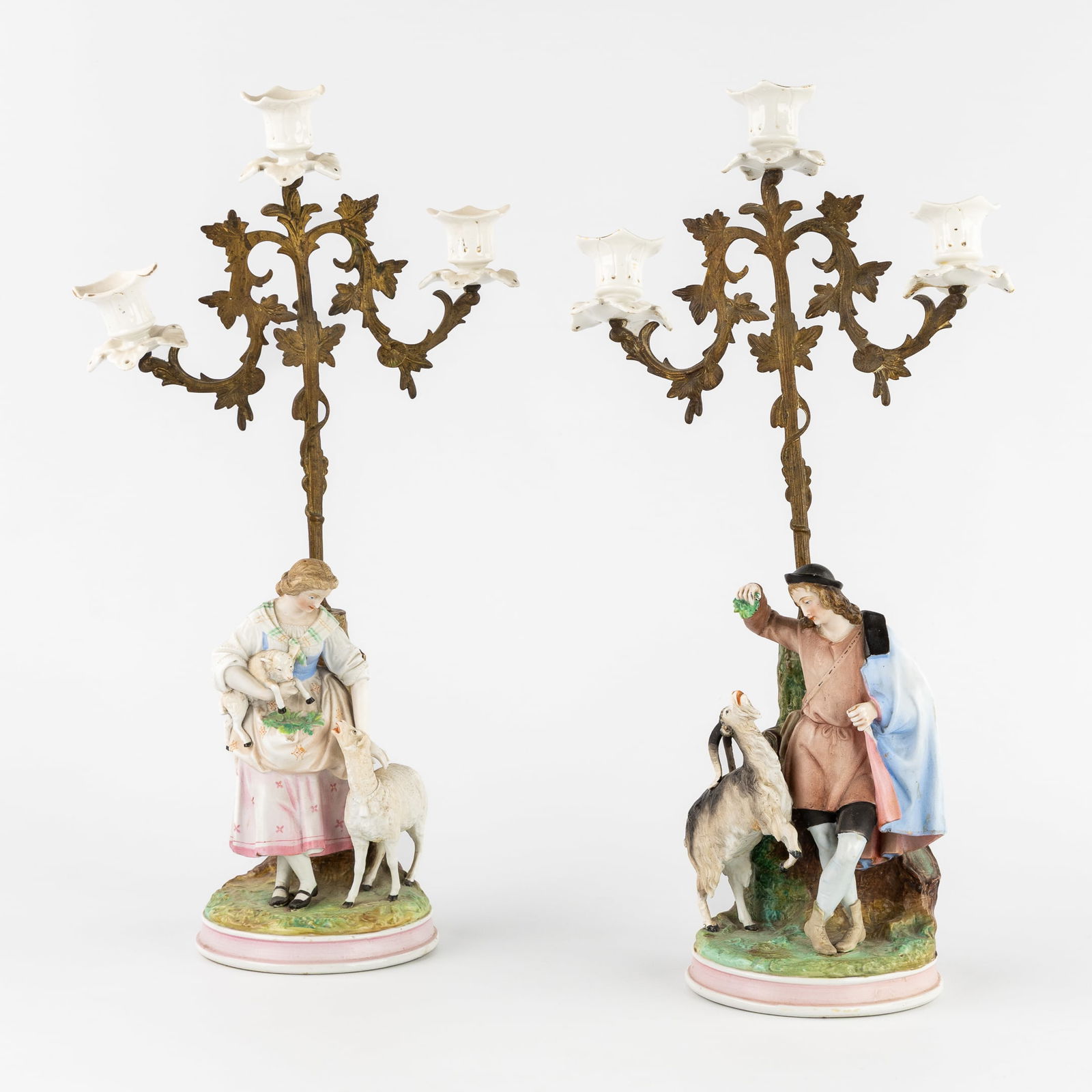 A Pair of Romantic Candelabra, with 'Shepherdess' and 'Goatherd', Porcelain and Spelter, circa 1900. (1 of 8)
