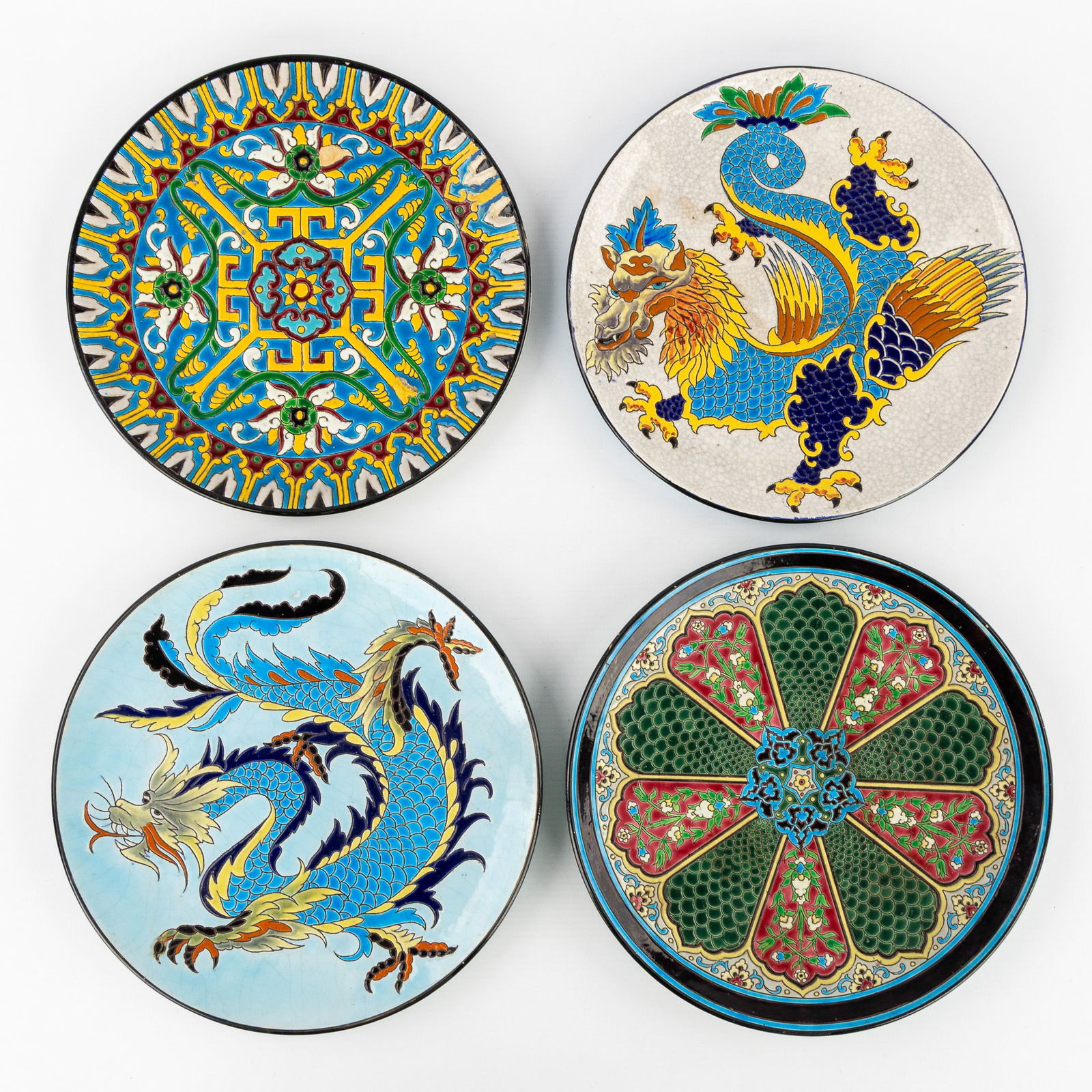 Jules Vieillard & Cie, Amédée de Caranza, Four Decorative Plates, Enameled Faience, Japonism, (1 of 10)