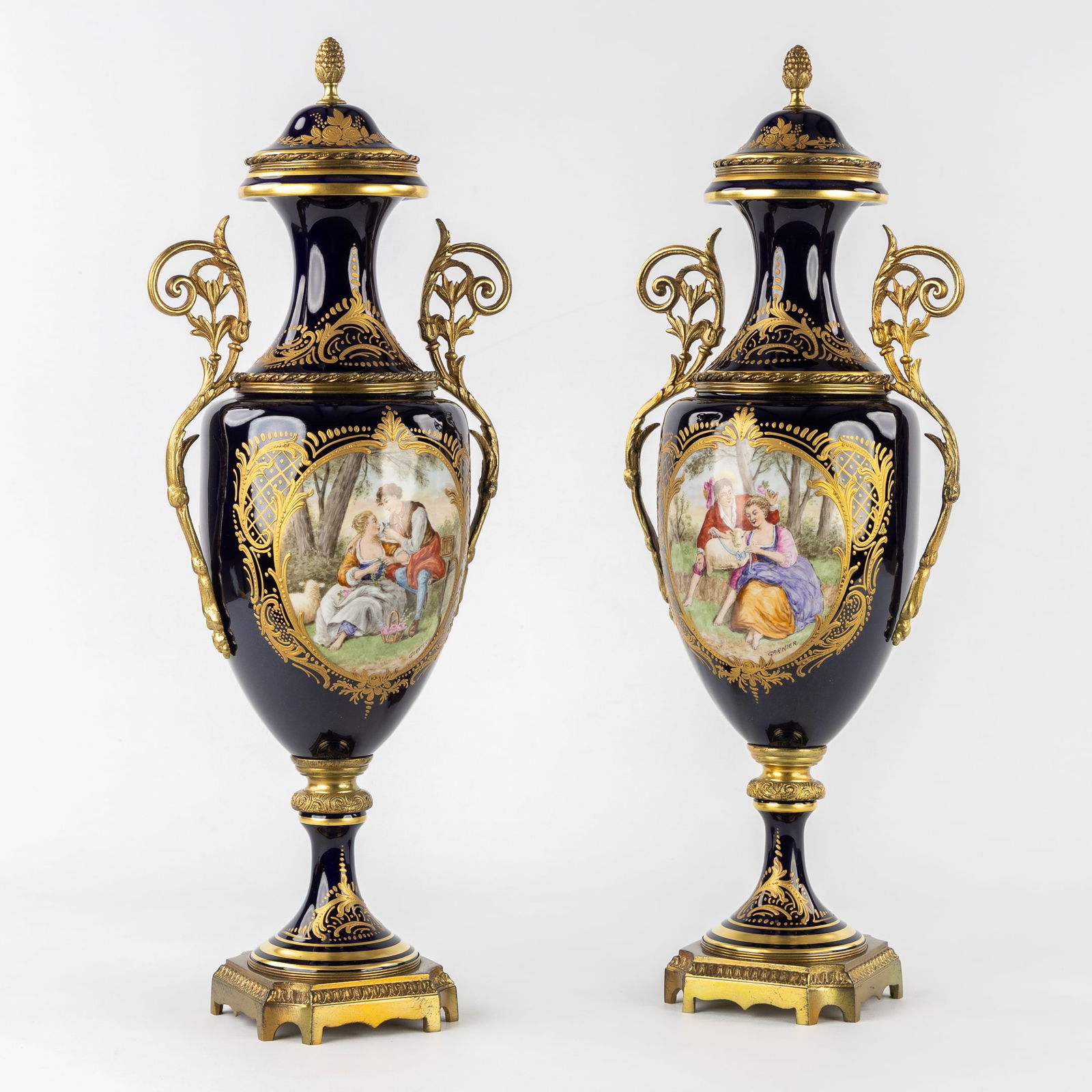 A Pair of Sèvres Vases with Romantic Decors and Landscapes, Cobalt Blue Porcelain, mounted with (1 of 12)