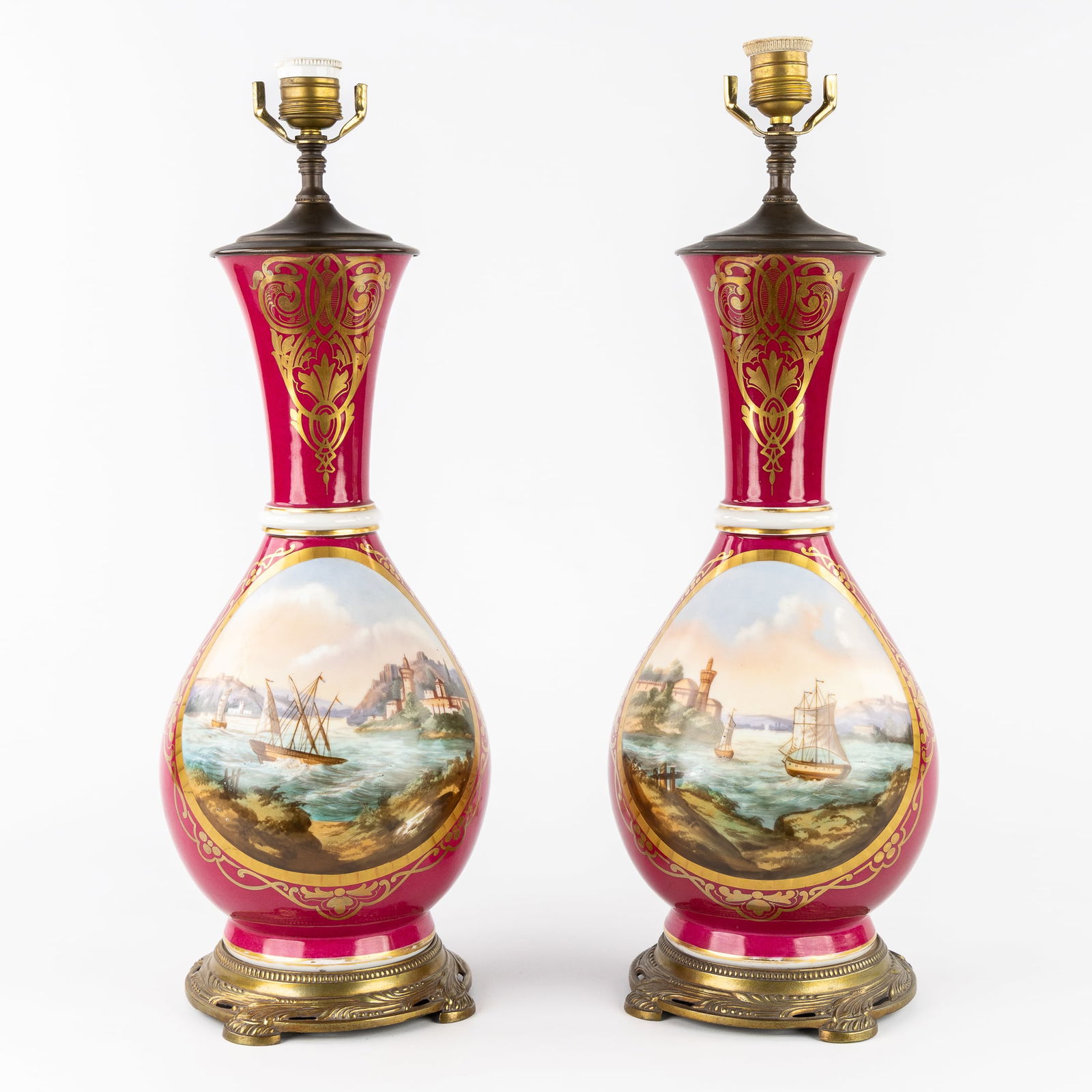 A Pair of Porcelain Table Lamps with Hand-painted Harbor Landscapes, Mounted with Brass. (1 of 8)