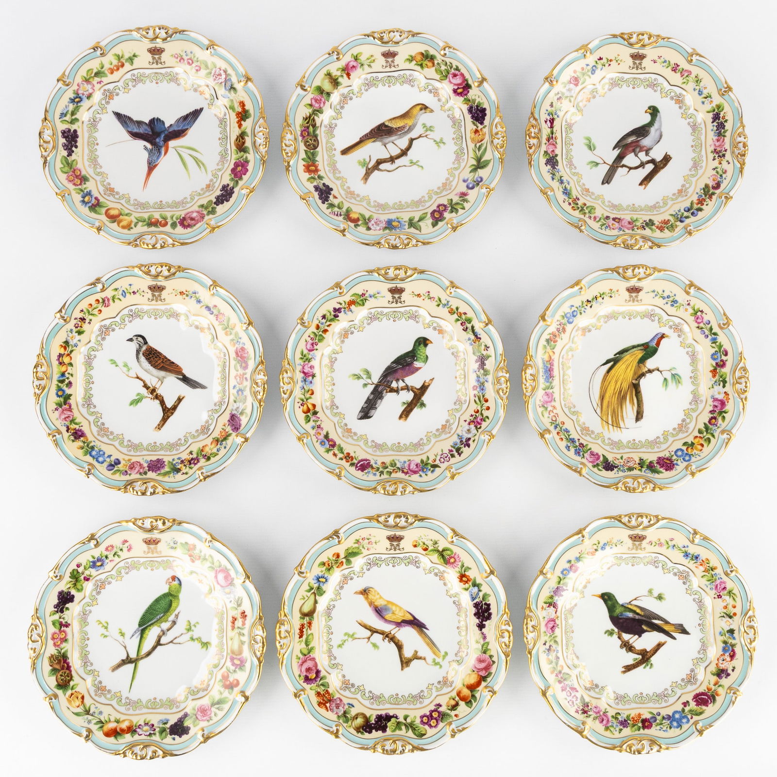 A Collection of Nine Decorative Plates, Decorated with Birds, after the tableware of Maria II of (1 of 4)