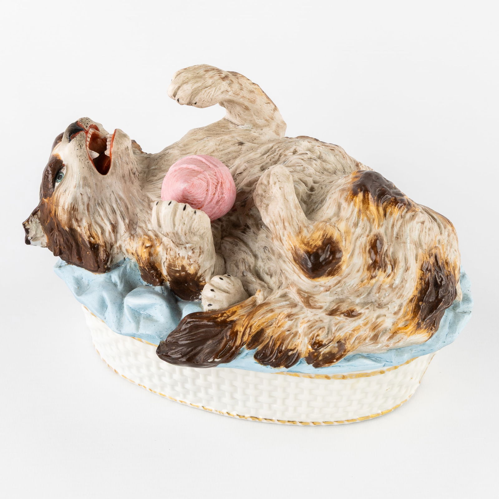 A Lidded Box or Bowl with a Playing Cat, polychrome biscuit porcelain. (1 of 9)