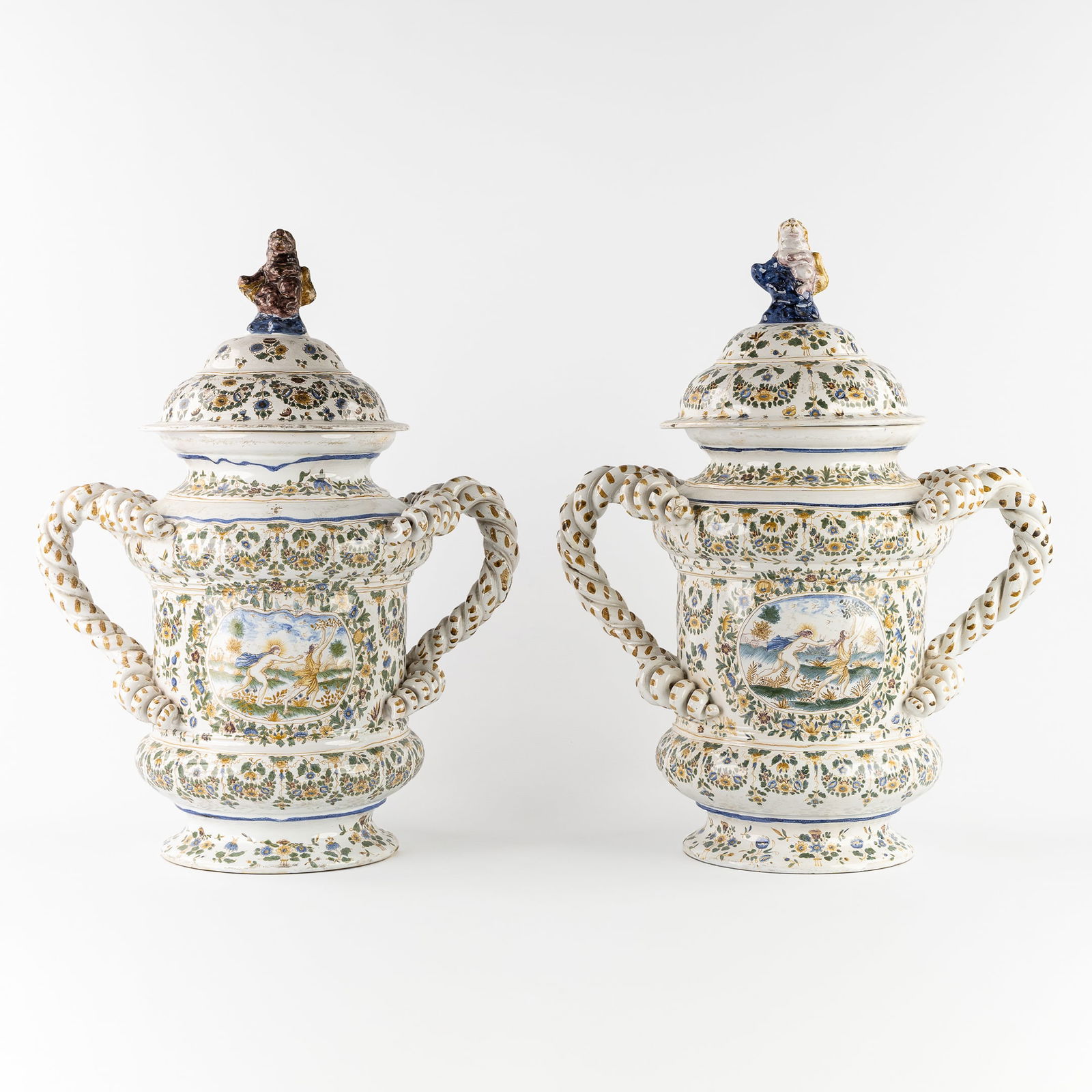 A Pair of Large Faience Lidded Vases with Mythological Scenes, Neo-Renaissance, France, 19th (1 of 19)