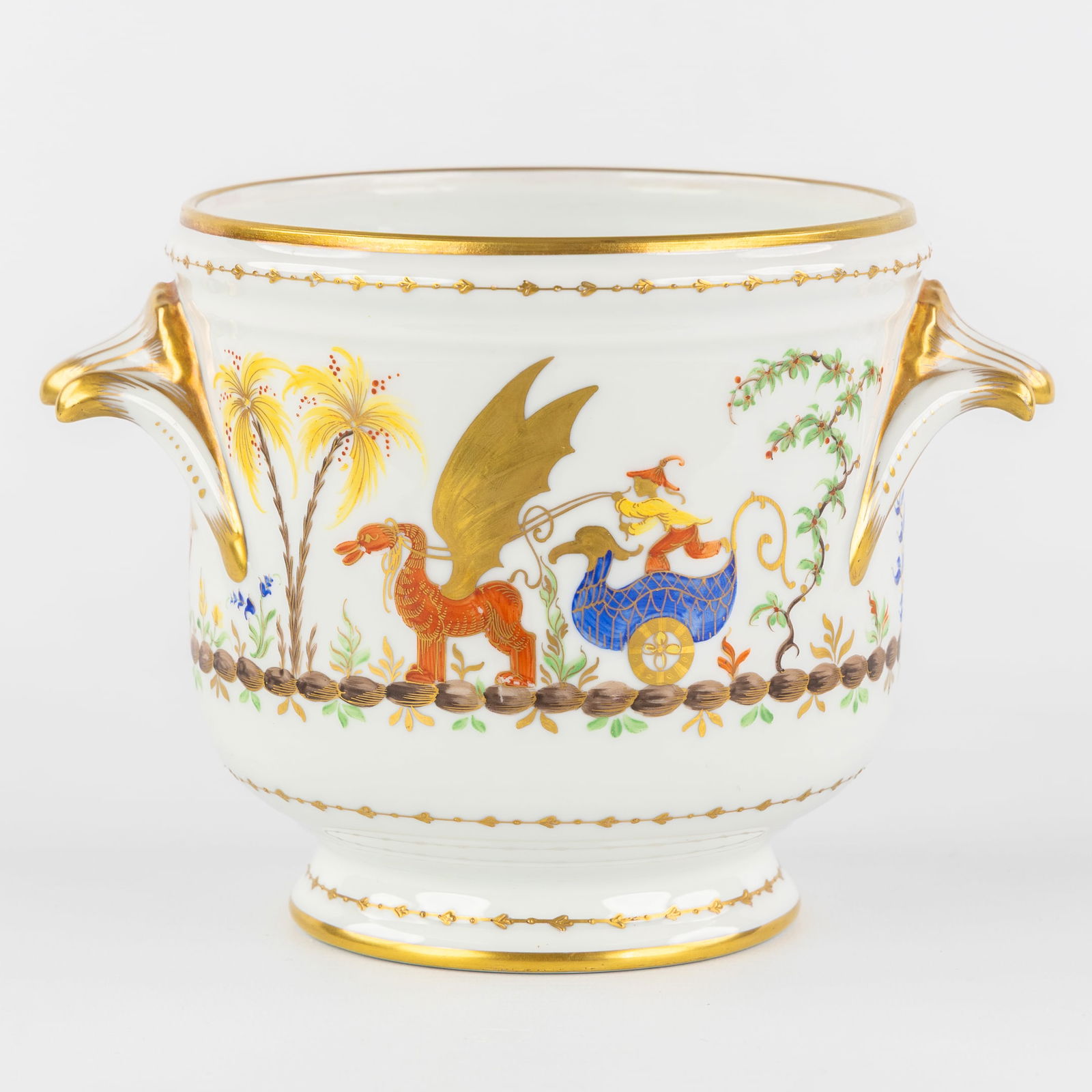 Le Tallec, a Gilded and Hand-Painted Porcelain Vase or Jardinière with 'Cirque Chinois' decoration, (1 of 8)