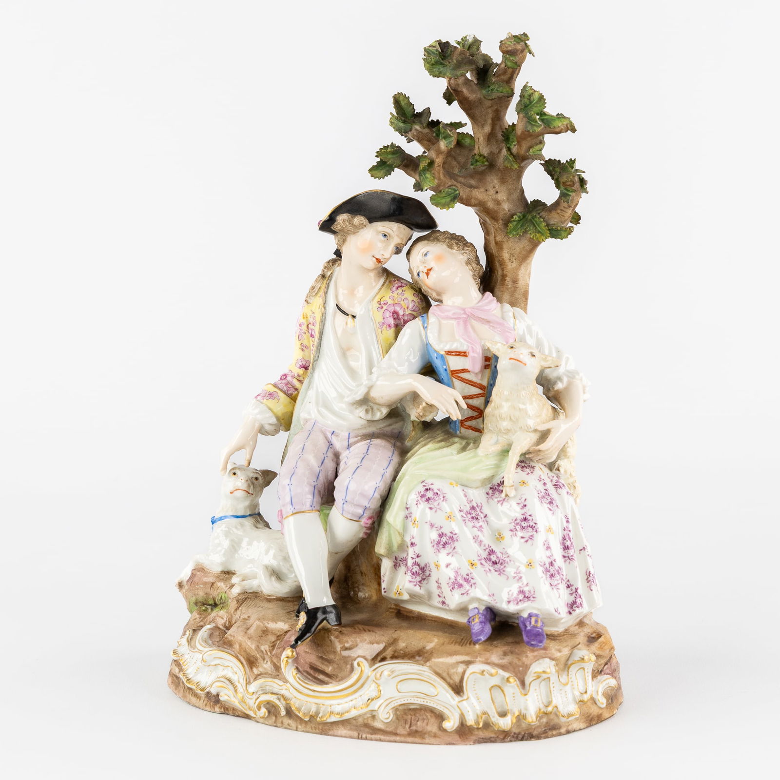 Meissen Marked, A Romantic Group, 'Shepherd and Shepherdess under a Tree', Polychrome Porcelain. (1 of 9)