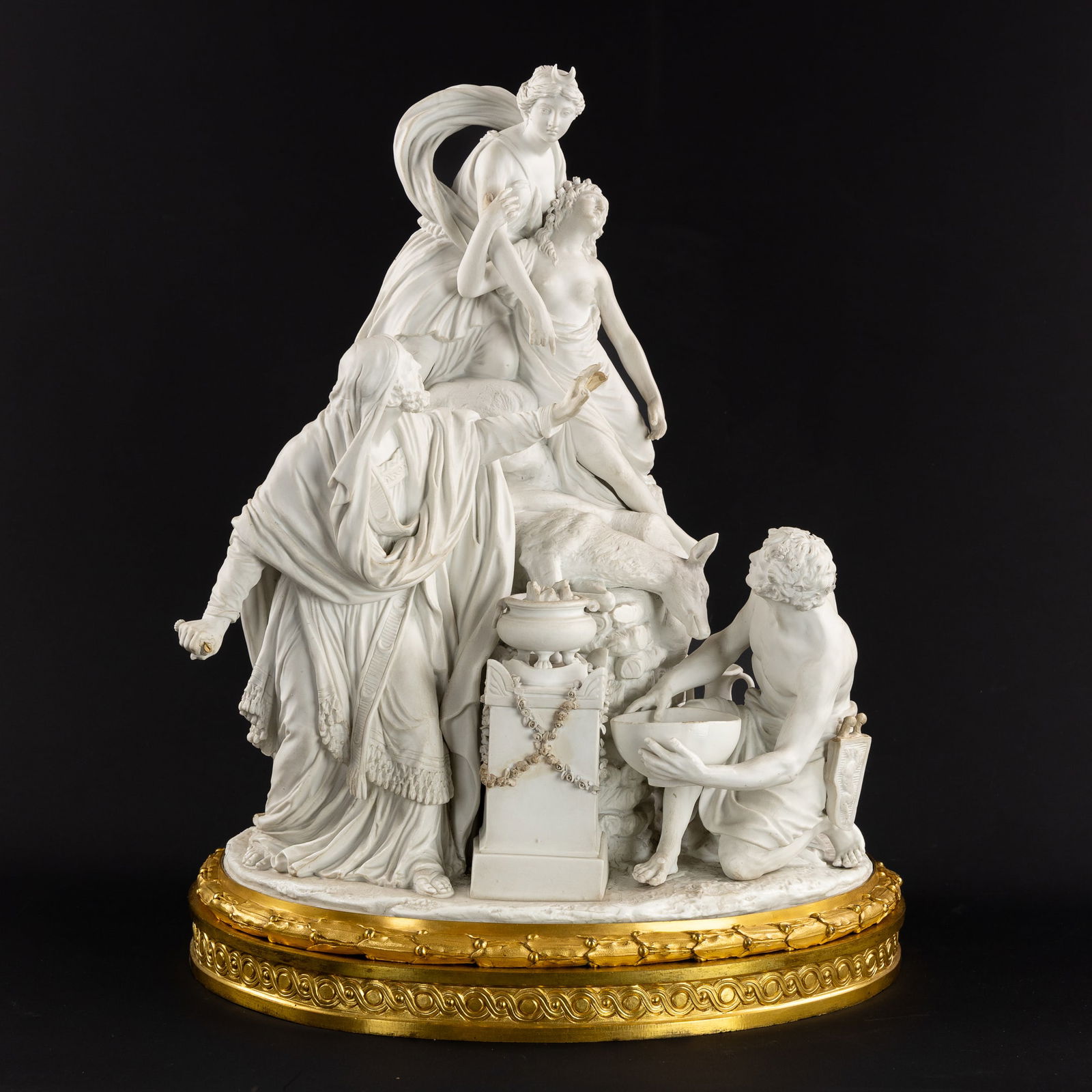 A Large Biscuit Porcelain Group, 'The Sacrifice of Iphigenia', gilded bronze base, probably Samson, (1 of 13)