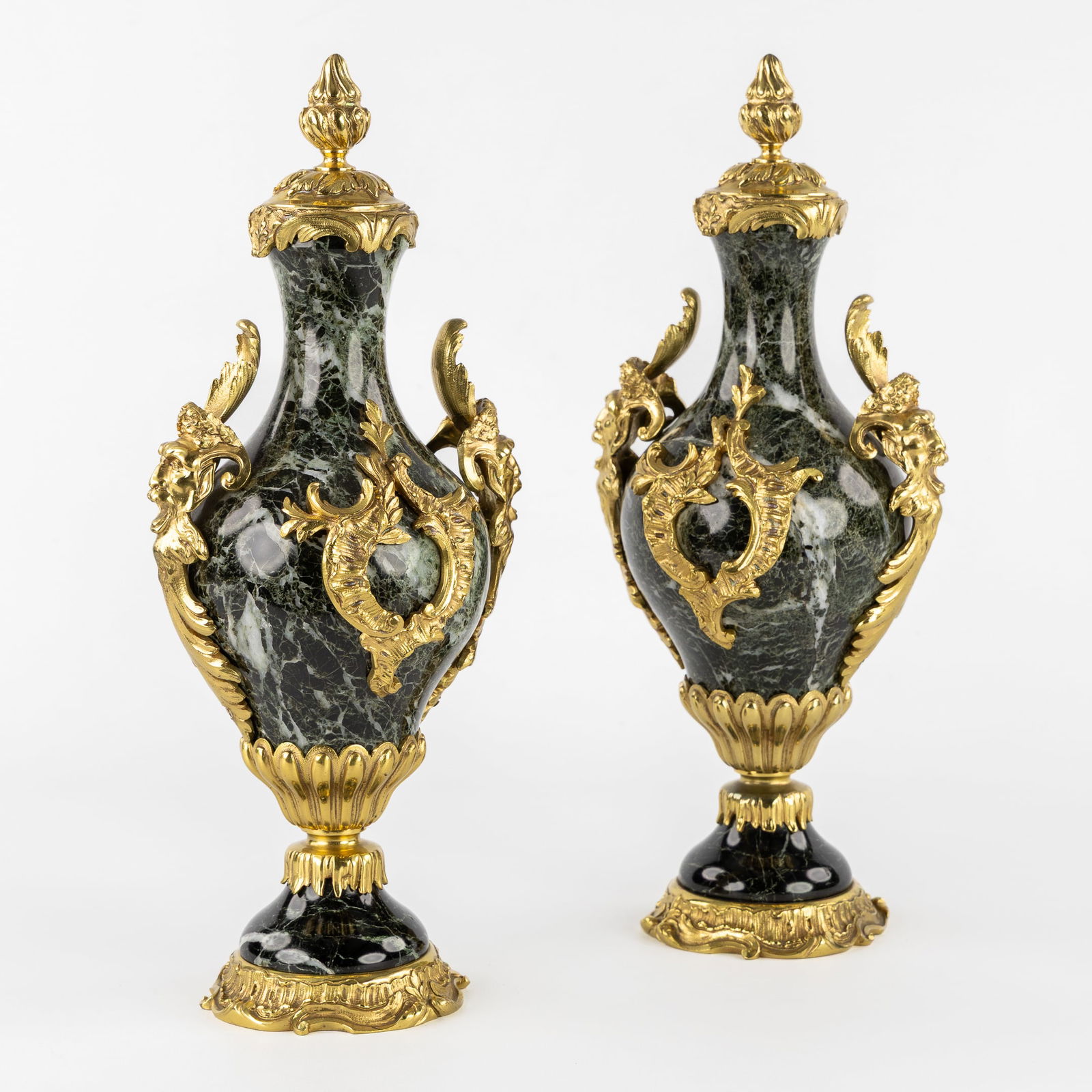 A Pair of Vert de Mer Marble Cassolettes, mounted with Gilded Bronze, Louis XV style. (1 of 7)
